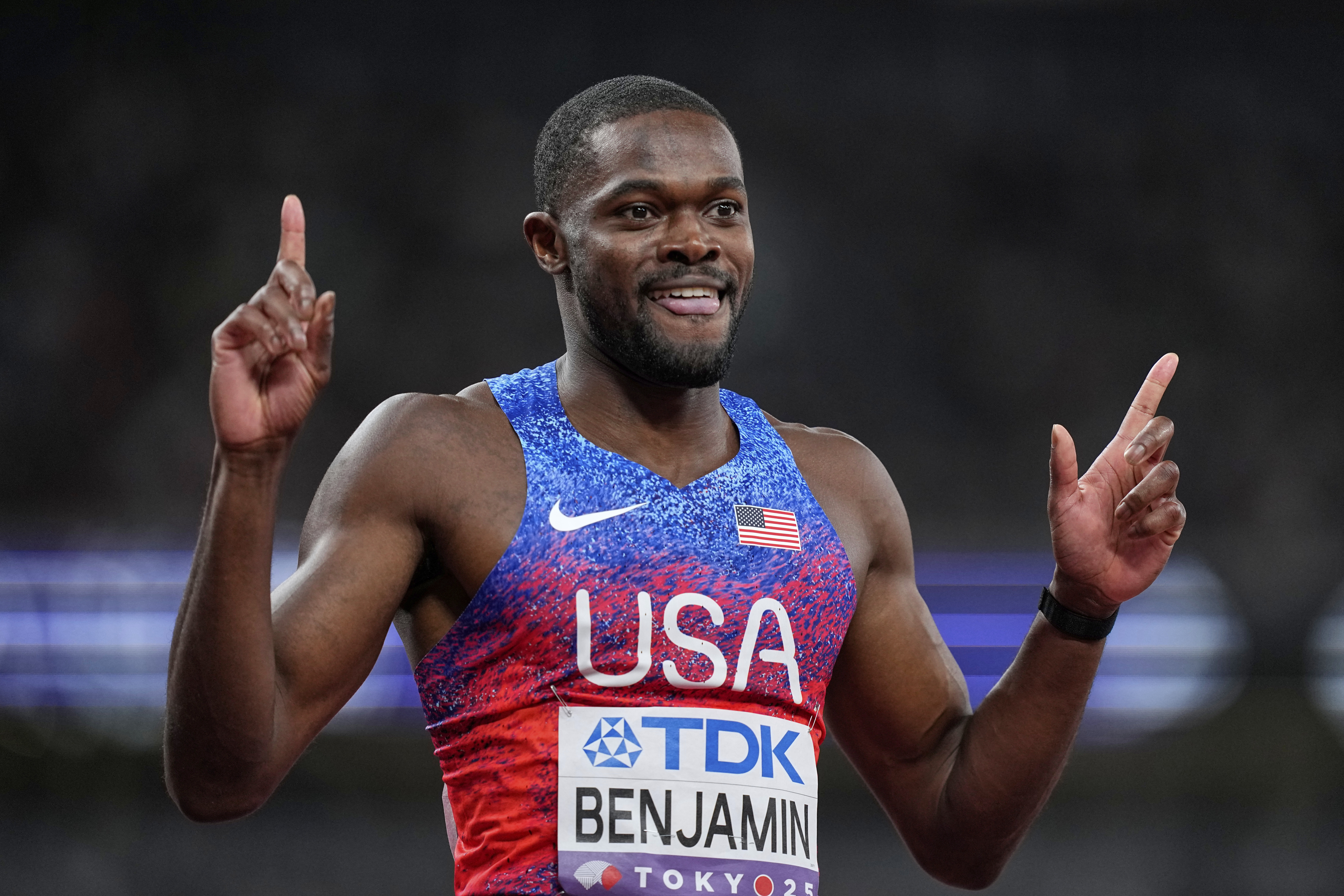 United States' Rai Benjamin reacts as he wins the gold medal in the men's 400 meters hurdles final at the World Athletics Championships in Tokyo, Friday, Sept. 19, 2025. 
