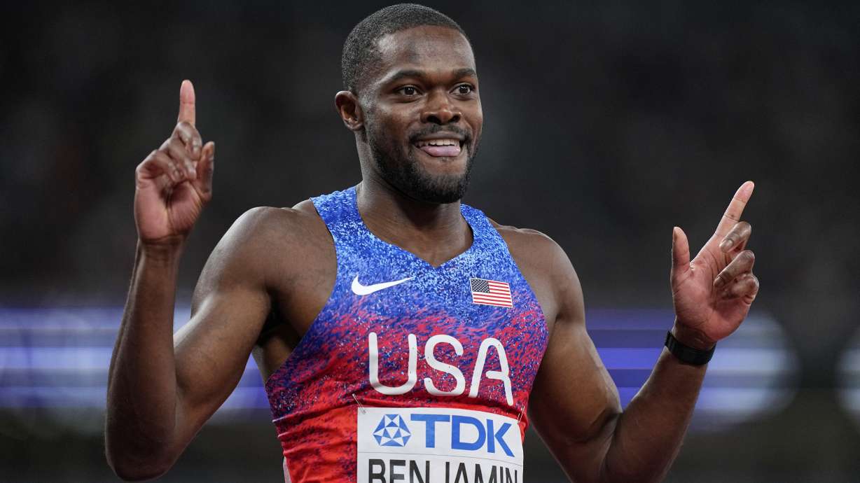 United States' Rai Benjamin reacts as he wins the gold medal in the men's 400 meters hurdles final at the World Athletics Championships in Tokyo, Friday, Sept. 19, 2025.