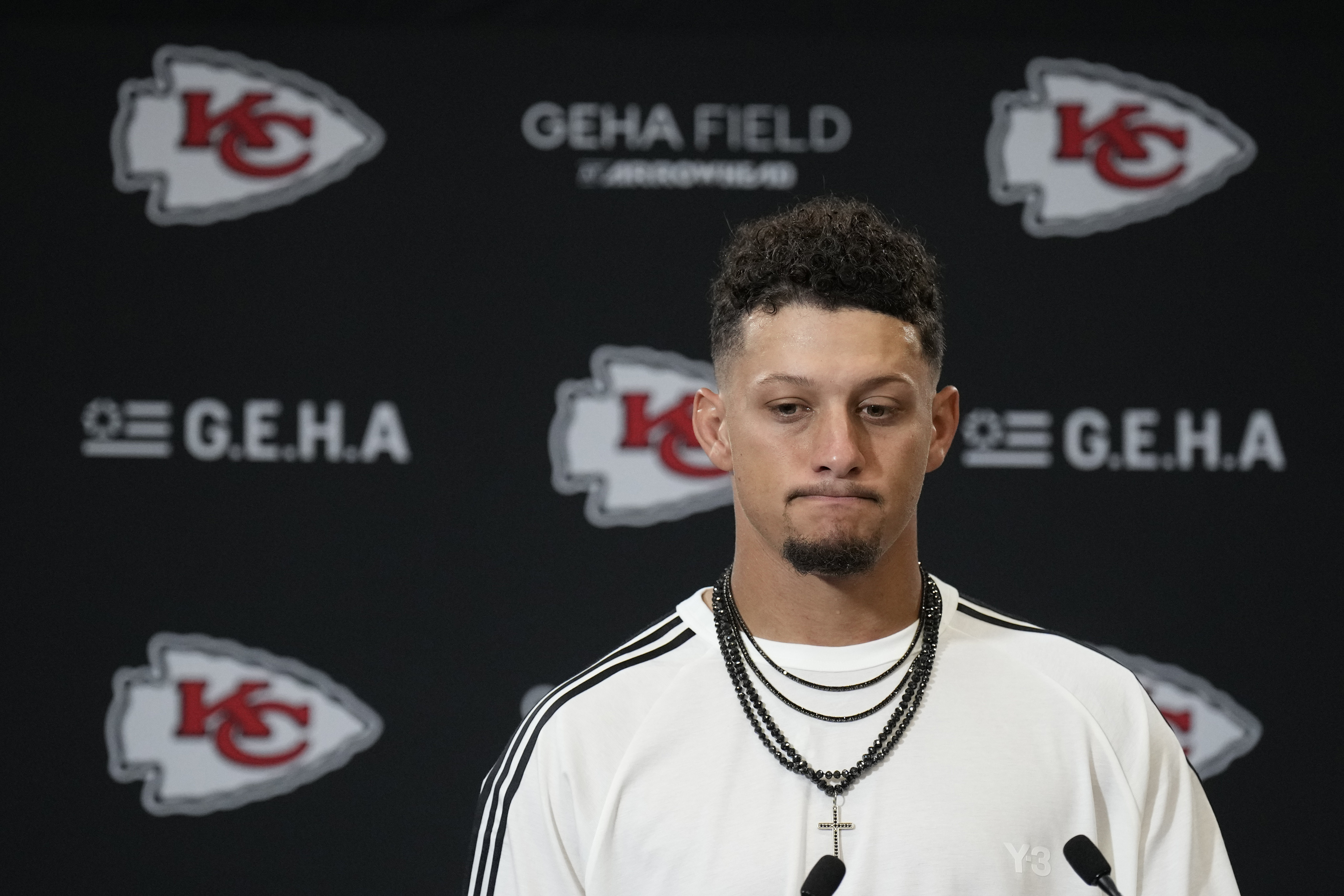 Kansas City Chiefs quarterback Patrick Mahomes speaks during a news conference following an NFL football game against the Philadelphia Eagles Sunday, Sept. 14, 2025, in Kansas City, Mo. 