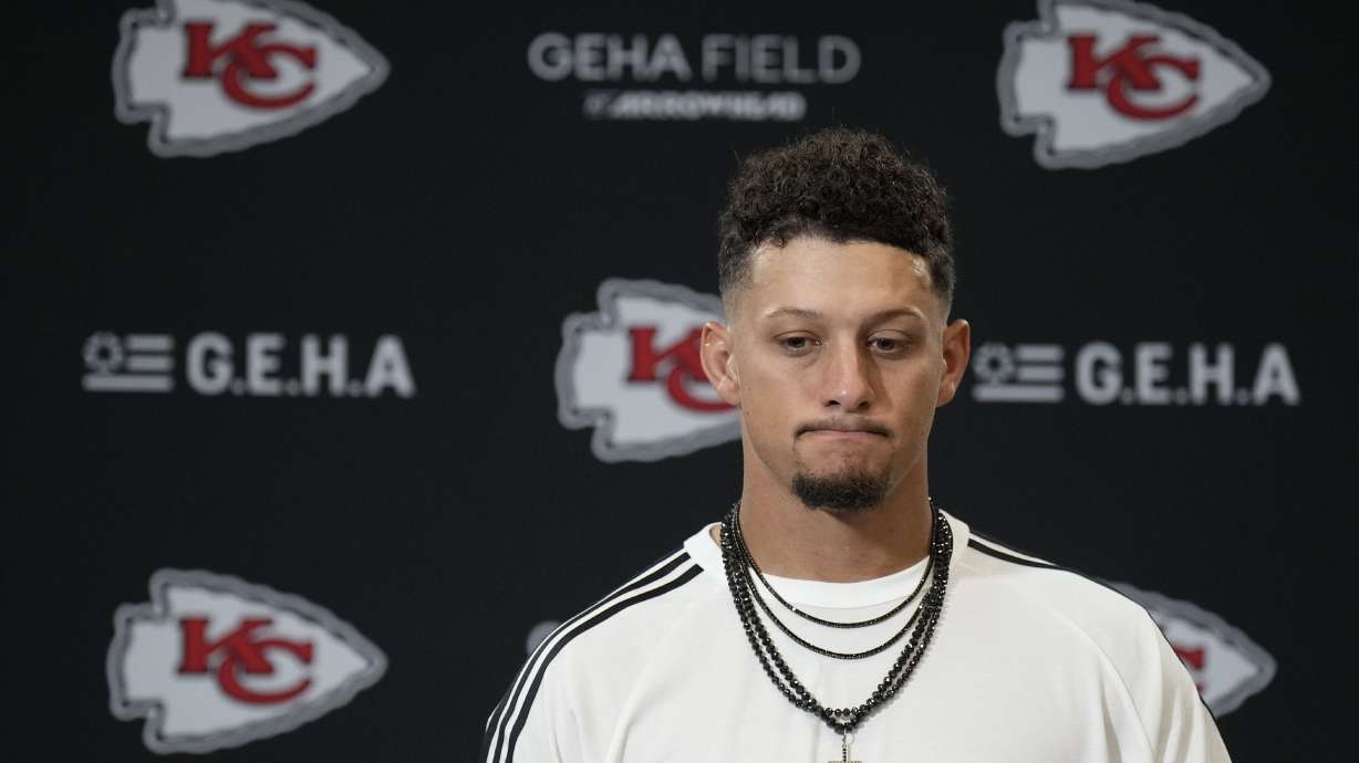 Kansas City Chiefs quarterback Patrick Mahomes speaks during a news conference following an NFL football game against the Philadelphia Eagles Sunday, Sept. 14, 2025, in Kansas City, Mo.