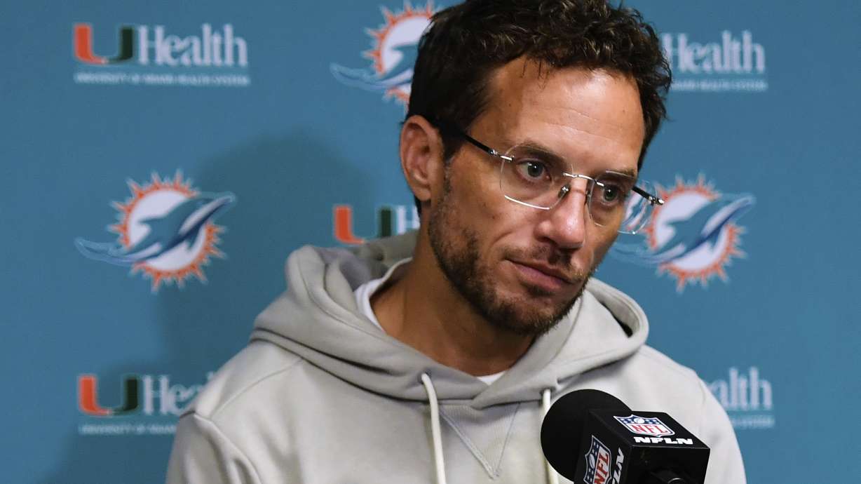 Miami Dolphins head coach Mike McDaniel speaks to reporters after an NFL football game against the Buffalo Bills, Thursday, Sept. 18, 2025, in Orchard Park, N.Y.