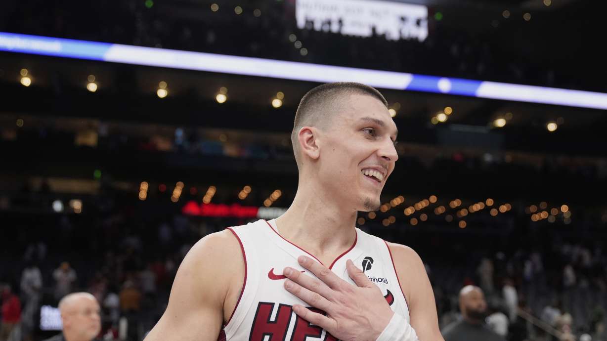 FILE - Miami Heat guard Tyler Herro (14) reacts to a win over the Atlanta Hawks in an NBA play-in tournament basketball, Friday, April 18, 2025, in Atlanta.