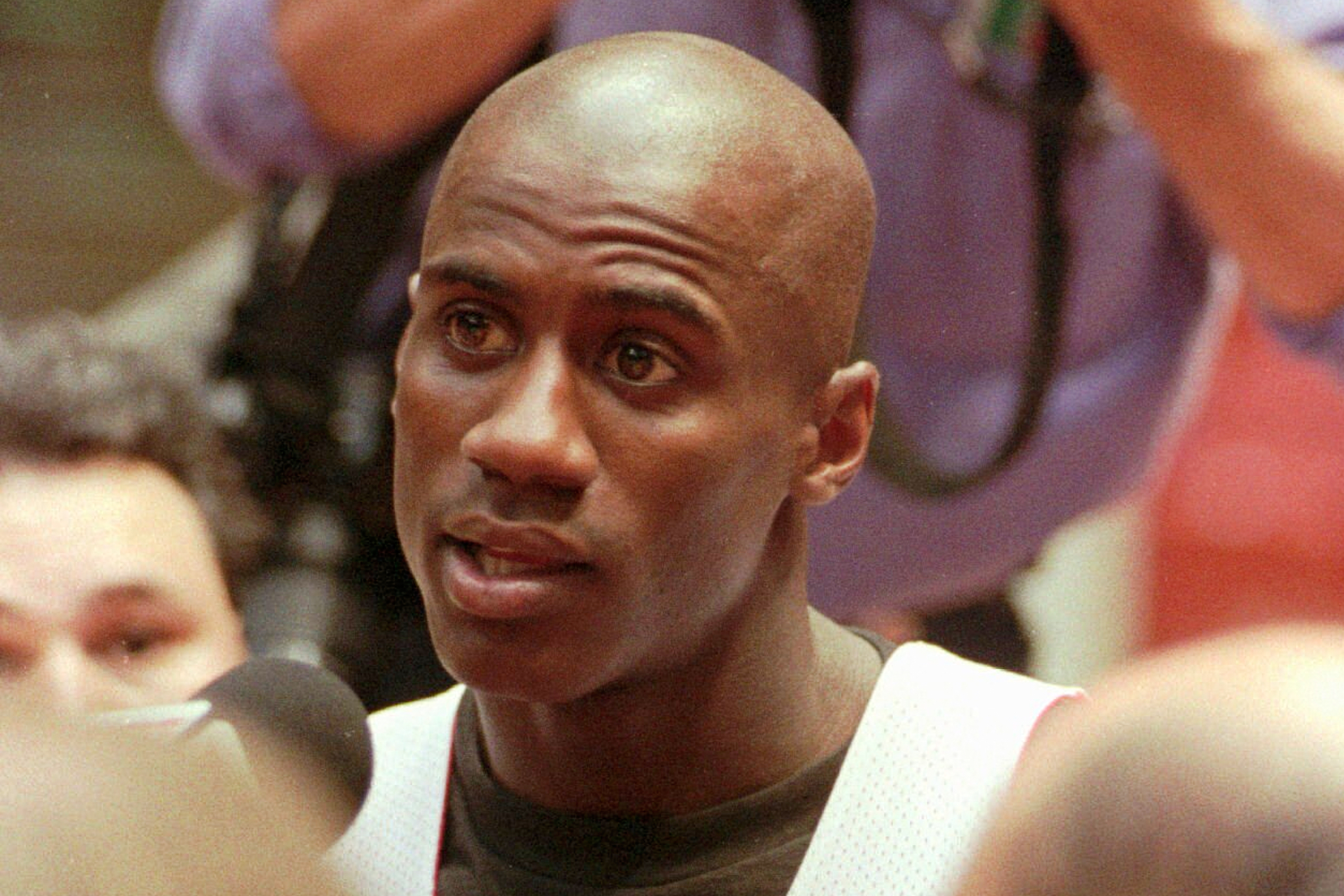 FILE - Houston Rockets Vernon Maxwell, who played college basketball at Florida, speaks with the media after practice June 9, 1994 at the Summit in Houston, as the Rockets prepare for Game 2 of the NBA Finals against the New York Knicks.