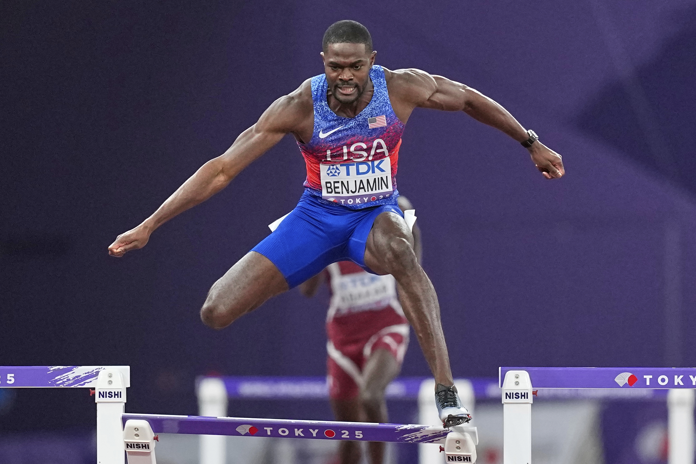 United States' Rai Benjamin hits the final hurdle but still wins the gold medal in the men's 400 meters hurdles final at the World Athletics Championships in Tokyo, Friday, Sept. 19, 2025.