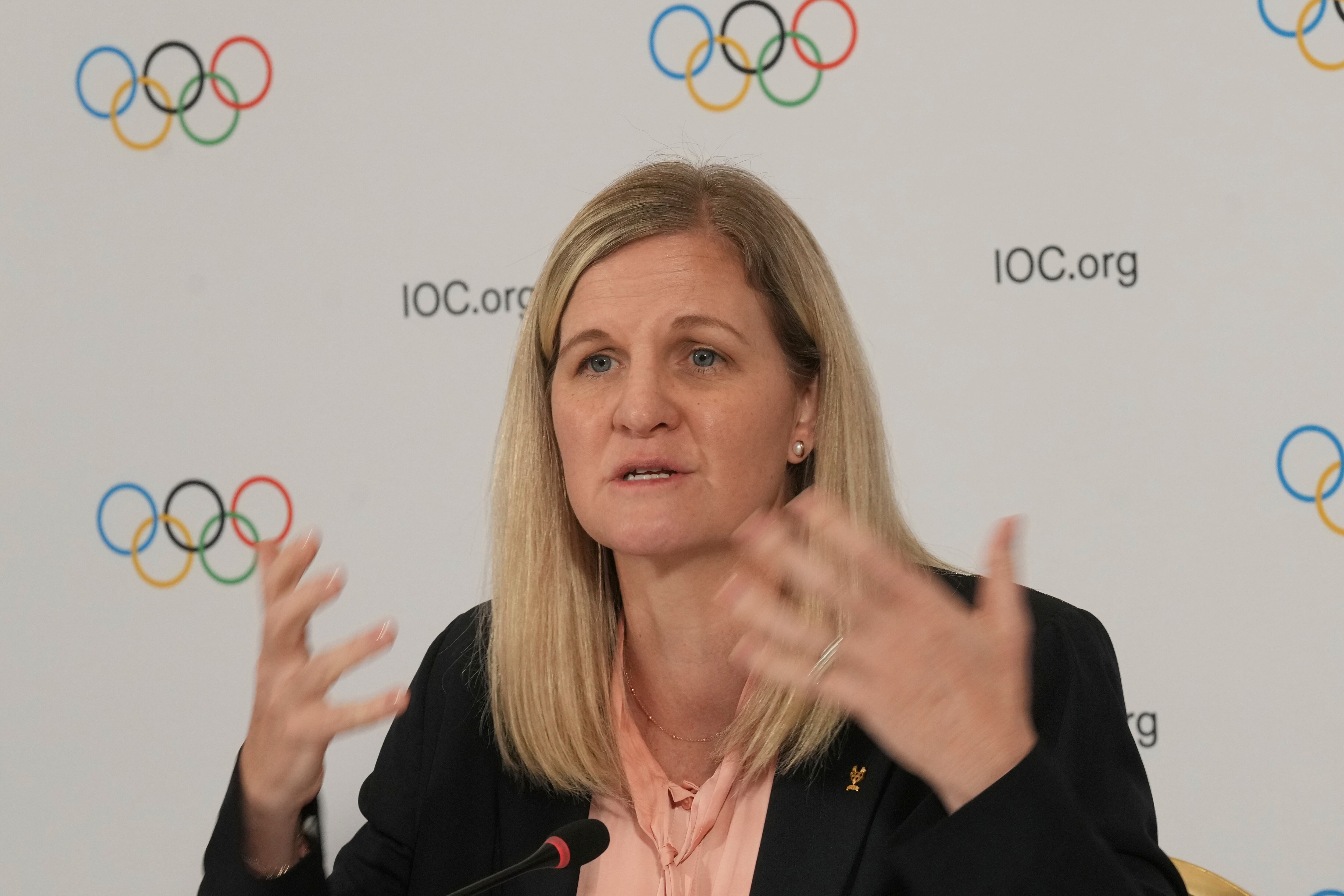 IOC President Kirsty Coventry attends a final press conference with Executive Board members after visiting Olympic and Paralympic Village and various venues in Milan, Italy, Friday.