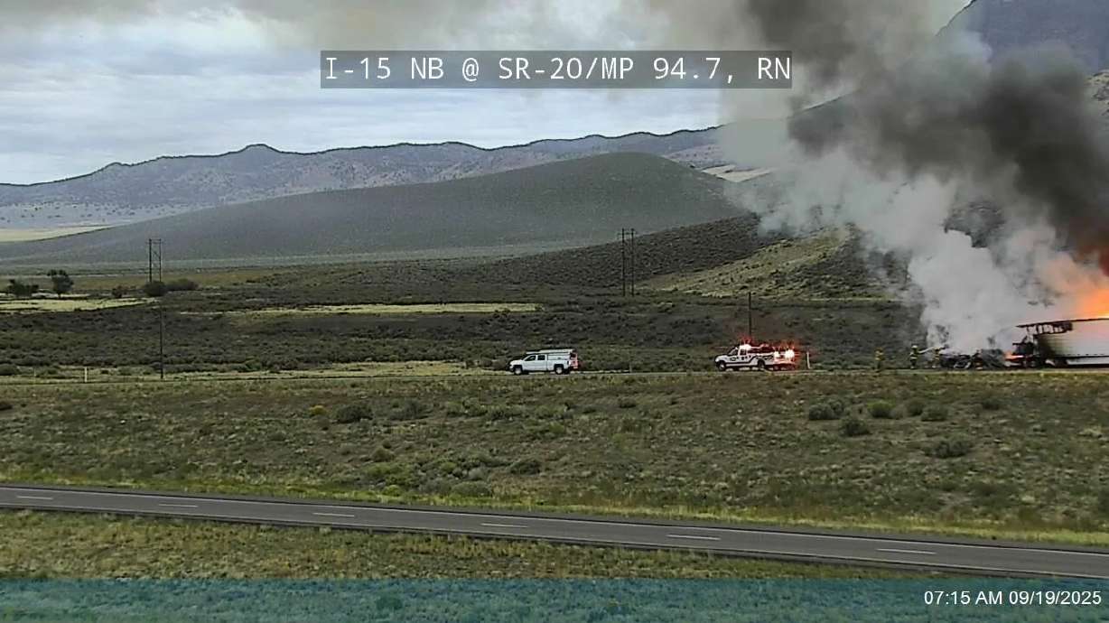 A semitractor-trailer burns on the northbound I-15 on-ramp in Iron County, Friday.