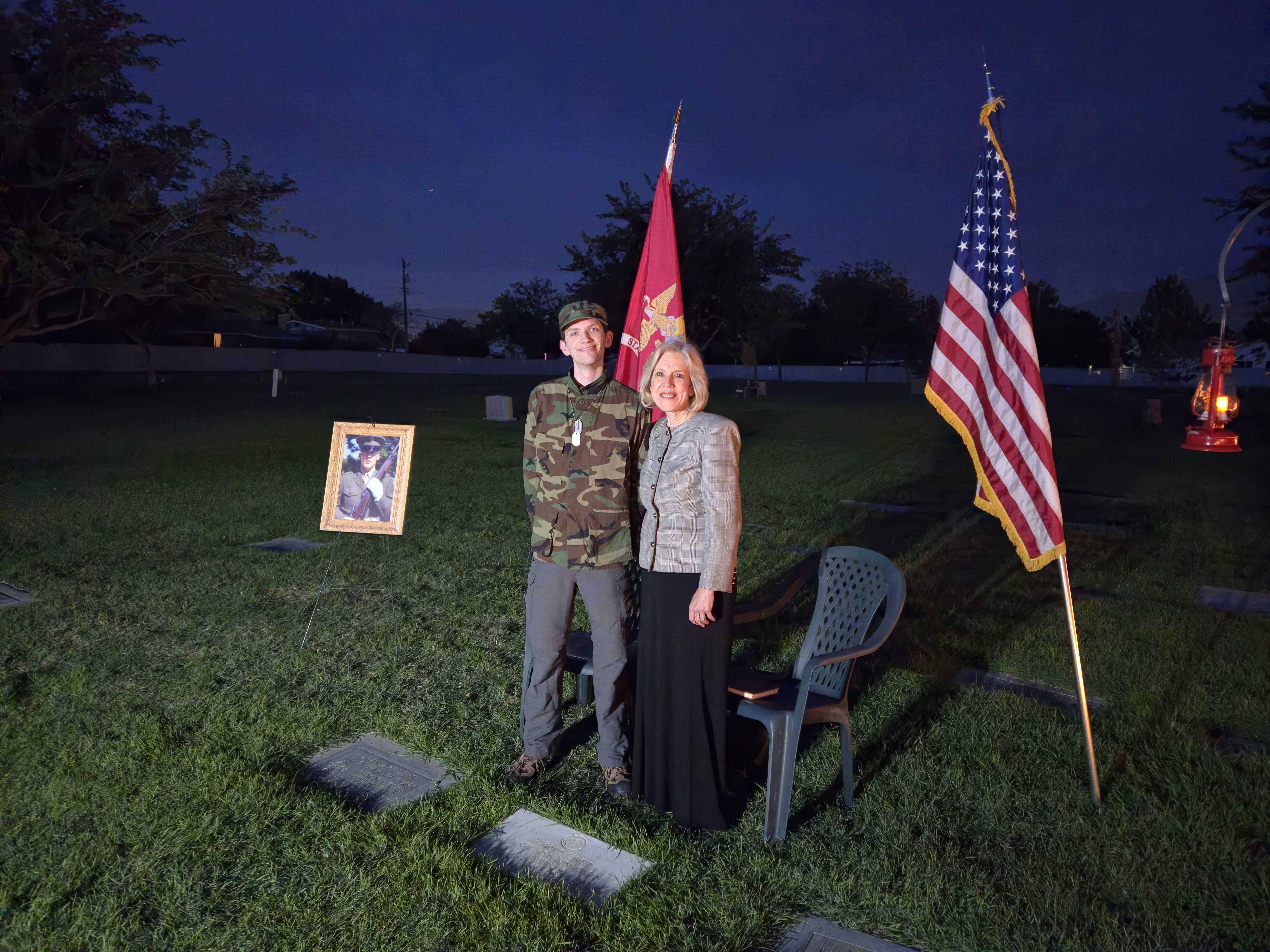 Gideon Lemon and Lisa Caldwell tell the story of Harold Reid and his mother Anna at the Tombstone Tales event at Taylorsville Cemetery on Thursday.