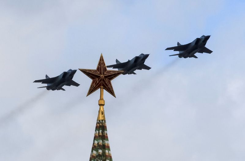 Russian MiG-31 fighter jets fly in formation in Moscow, May 4, 2022. Three Russian jets entered NATO member Estonia's airspace on Friday in what the Estonian government called an "unprecedentedly brazen incursion."