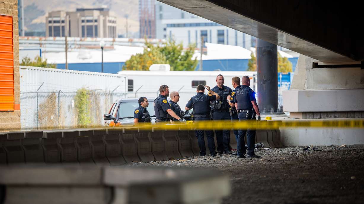 Police investigate after a Salt Lake police officer was attacked by a trespasser in an underpass at 550. W 500 South in Salt Lake City on Sept. 19. A woman is now facing criminal charges related to the attack.