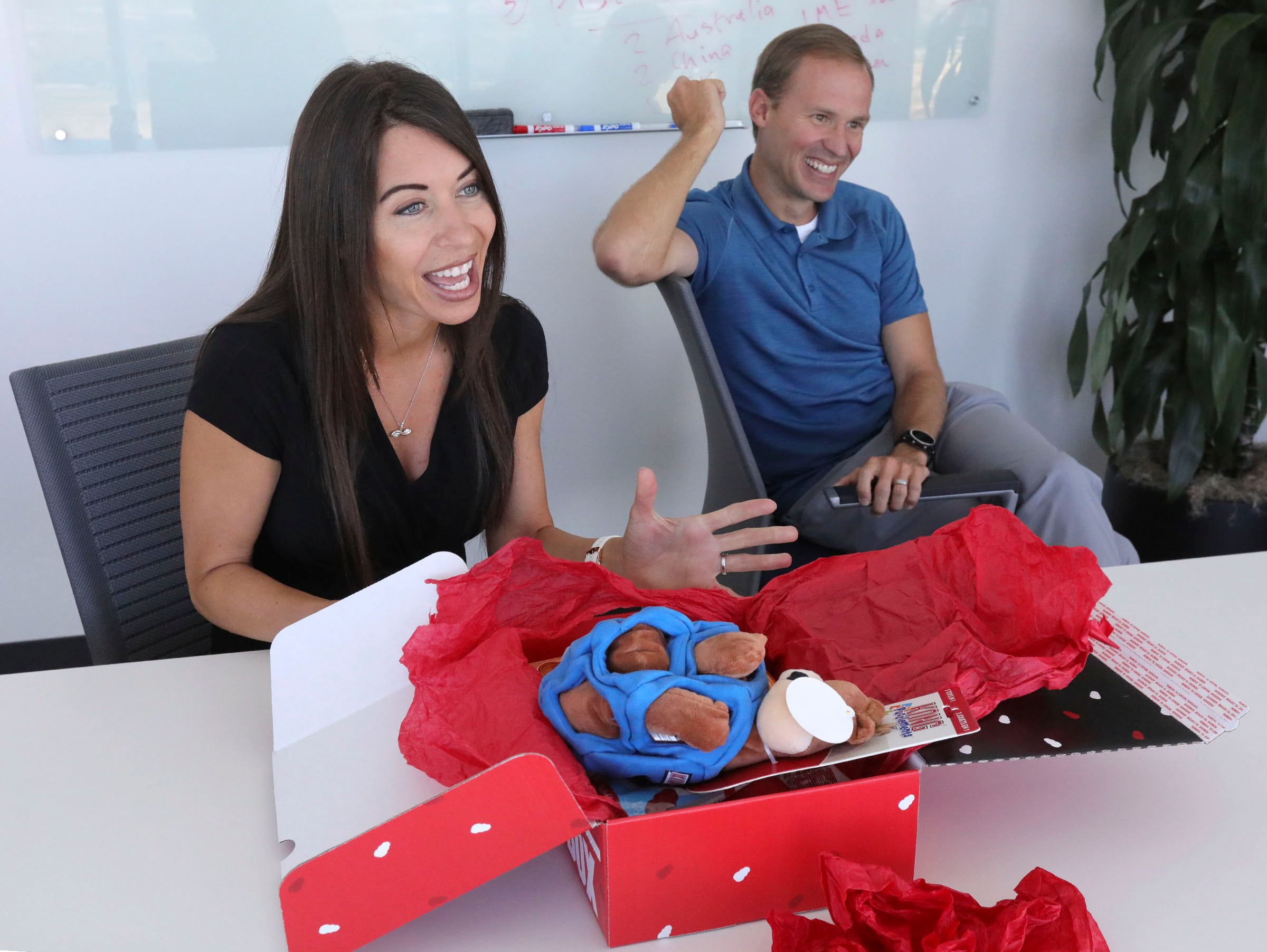 Melanie Alder and David Wright, co-founders of Pattern, talk about the Kong Box, a gift box of dog toys that will be launching soon, at the Pattern office in Lehi on July 3, 2019.