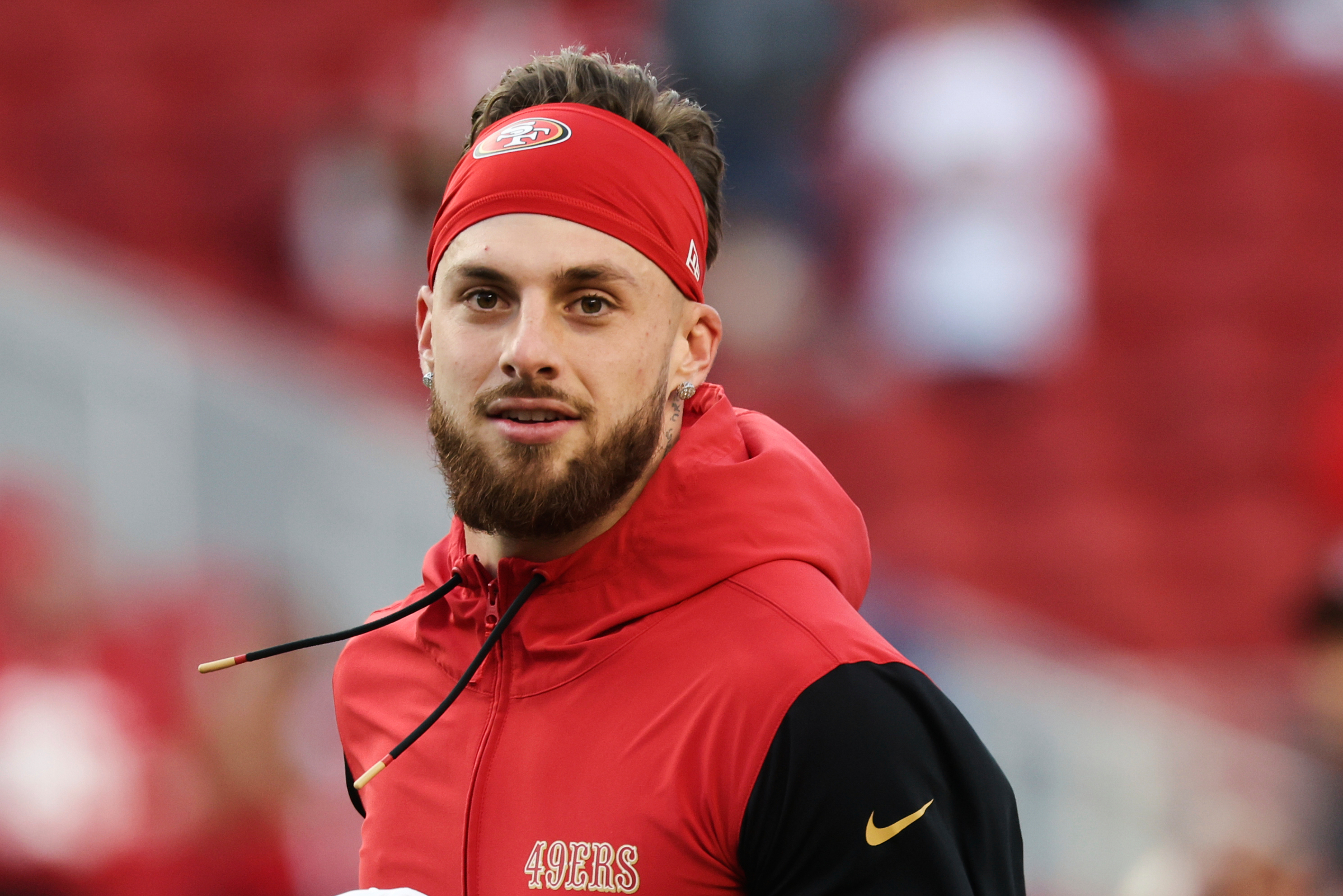 FILE - San Francisco 49ers wide receiver Ricky Pearsall warms up before an NFL football game against the Detroit Lions, Monday, Dec. 30, 2024, in Santa Clara, Calif. 