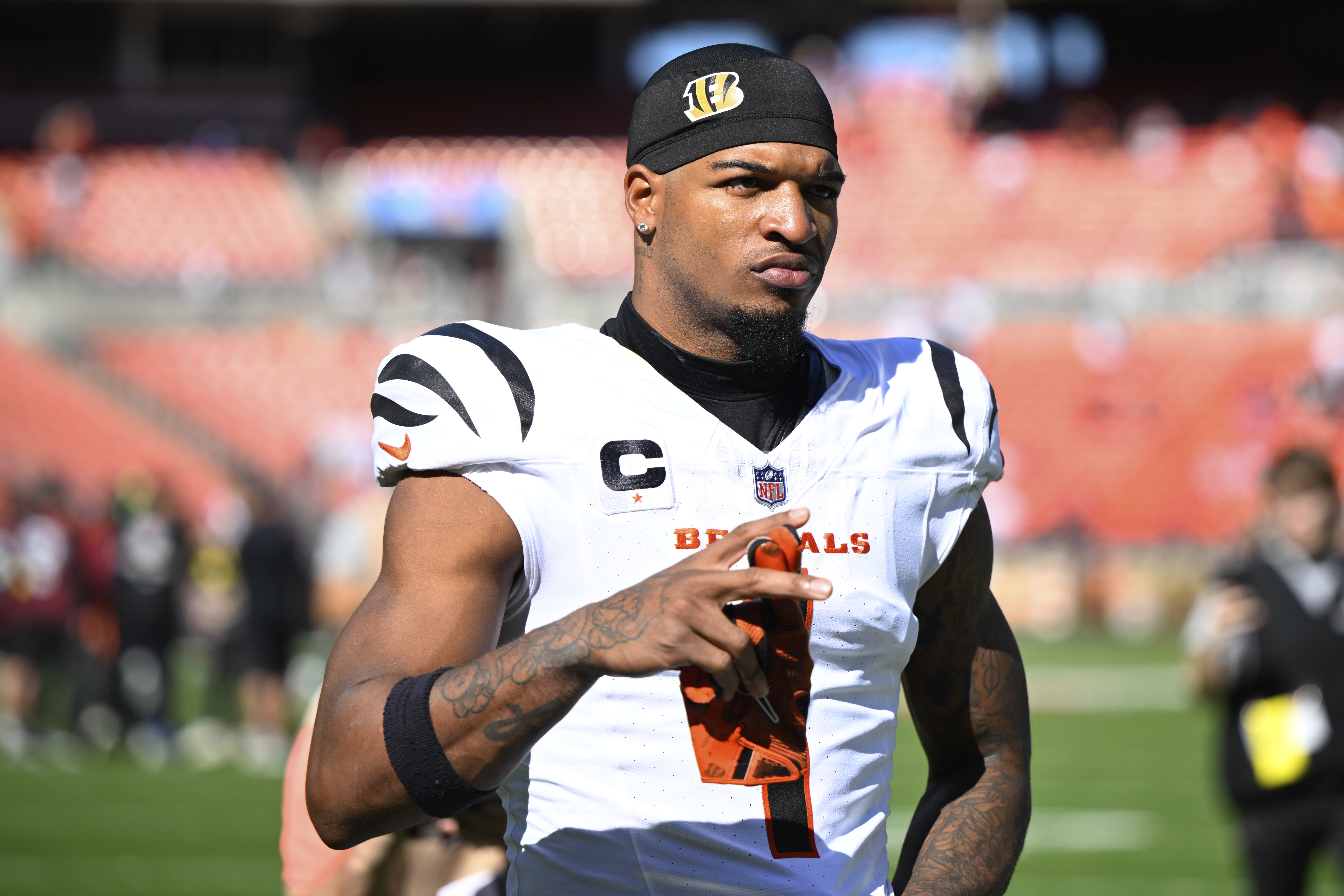 Cincinnati Bengals wide receiver Ja'Marr Chase (1) walks off the field after a win over the Cleveland Browns in an NFL football game Sunday, Sept. 7, 2025, in Cleveland. 