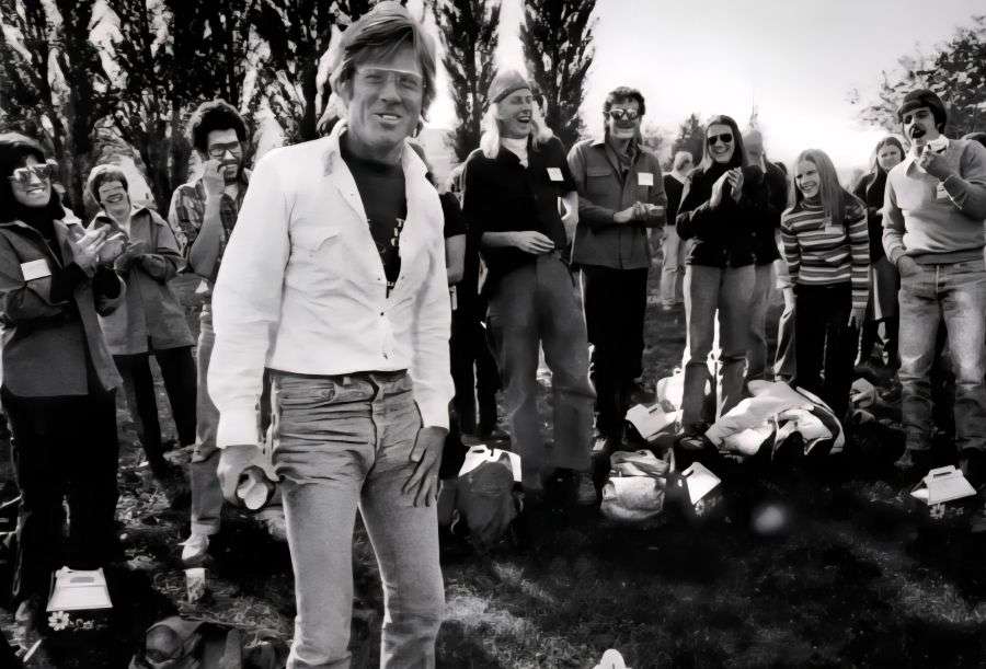 Robert Redford with graduate students during his time with the Institute for Resource Management in the 1980s. Cary Jones, of Blackfoot, Idaho, was one of those fortunate to join Redford.