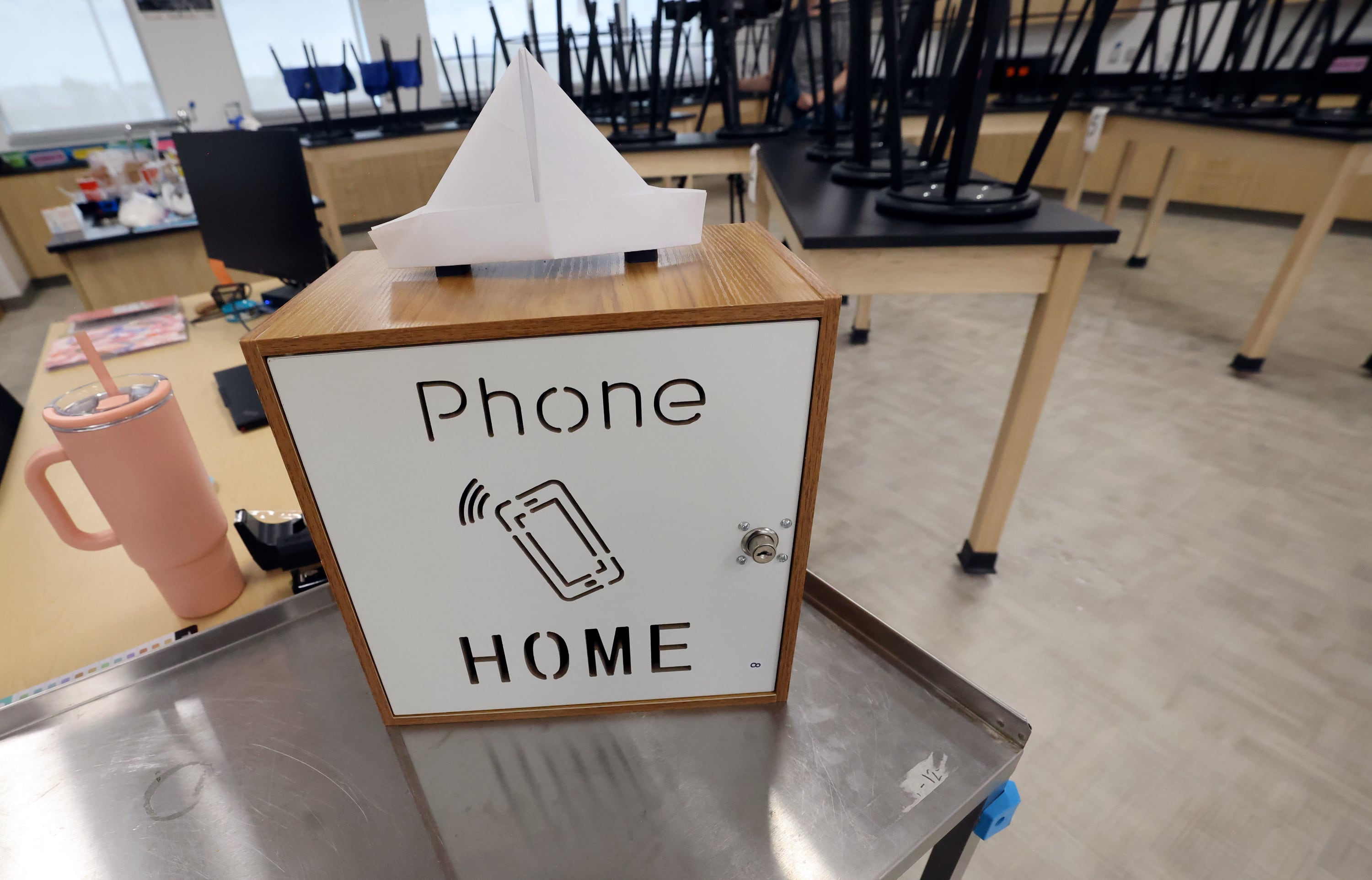 A box to lock cellphones is pictured in a science classroom at West Lake STEM Junior High School in West Valley City on Sept. 10, 2024.