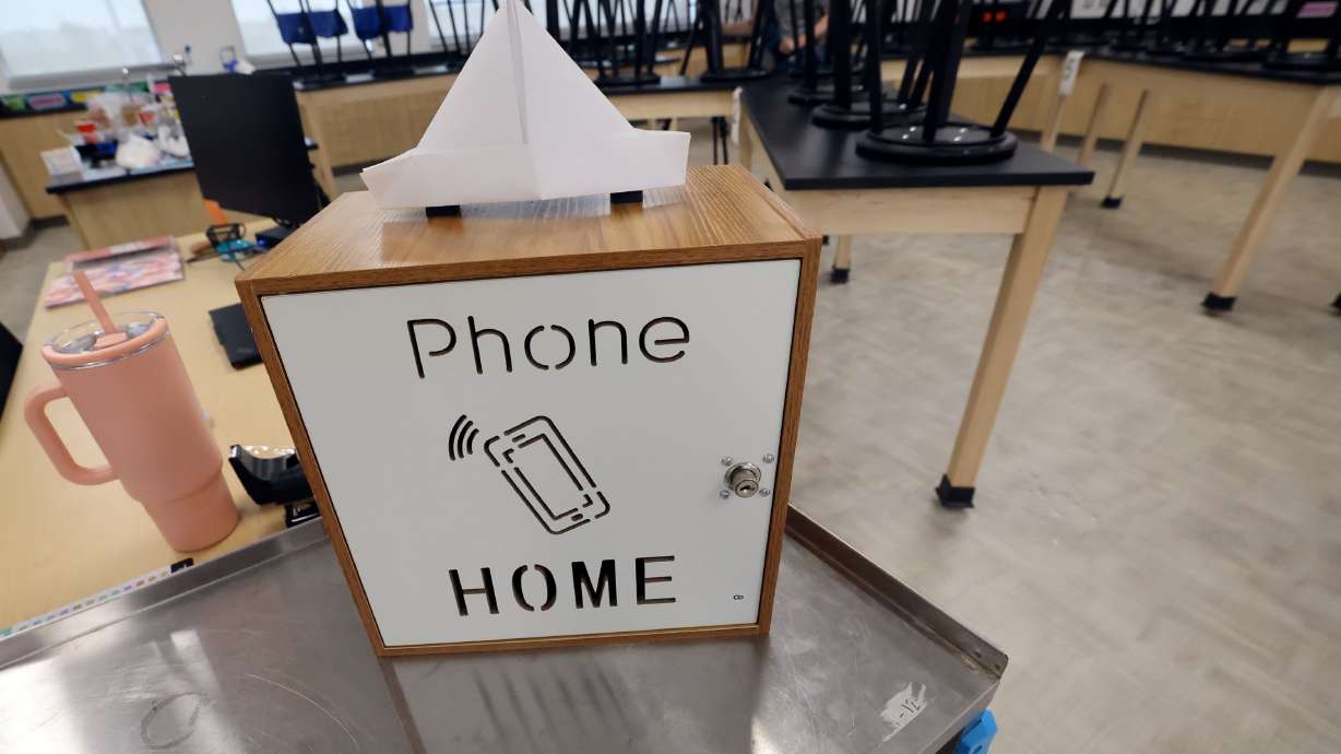 A box to lock cellphones is pictured in a science classroom at West Lake STEM Junior High School in West Valley City on Sept. 10, 2024.