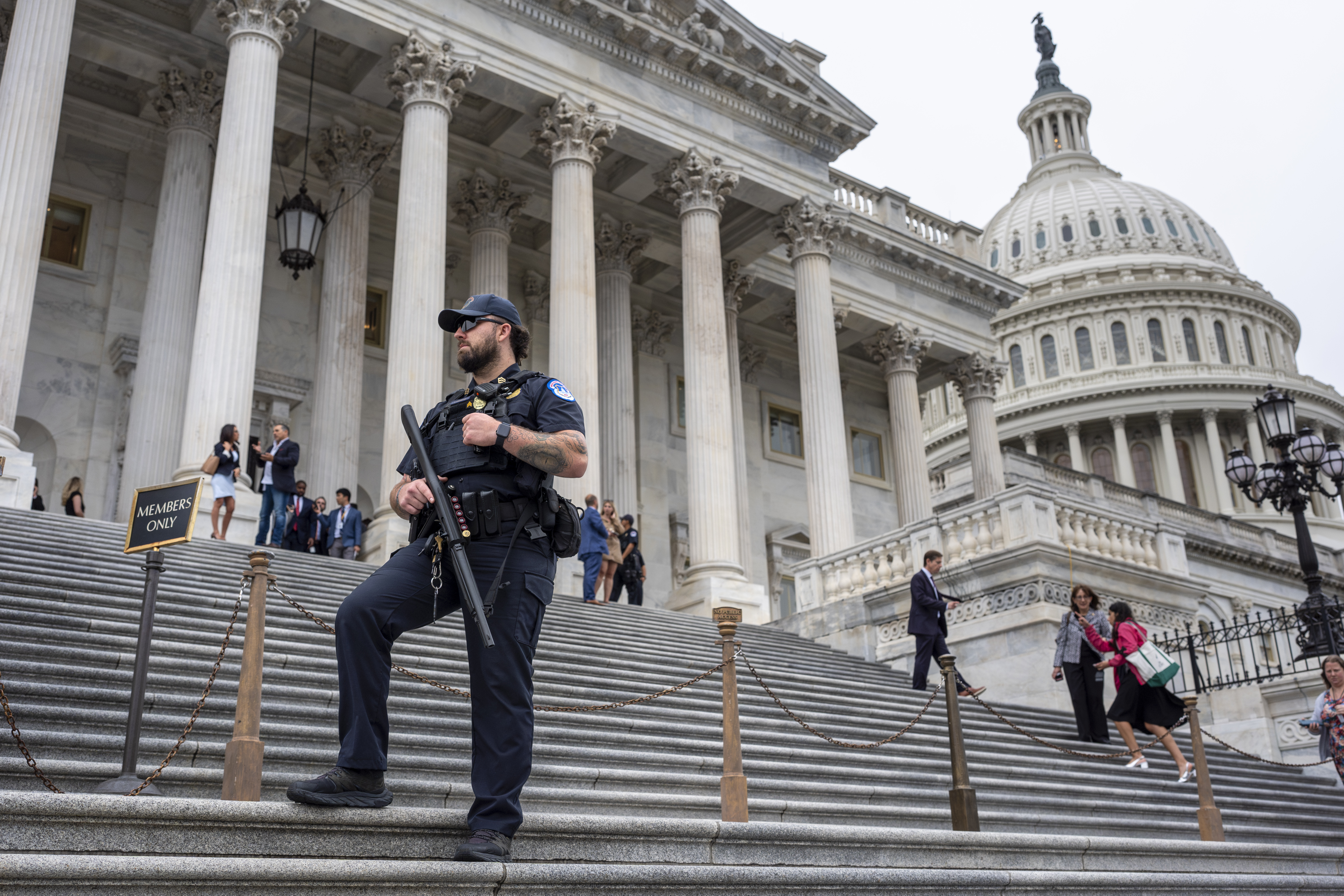 A U.S. Capitol Police officer in Washington, Sept. 25, 2024. Members of Congress are taking steps to tighten their own security following the killing of Charlie Kirk.