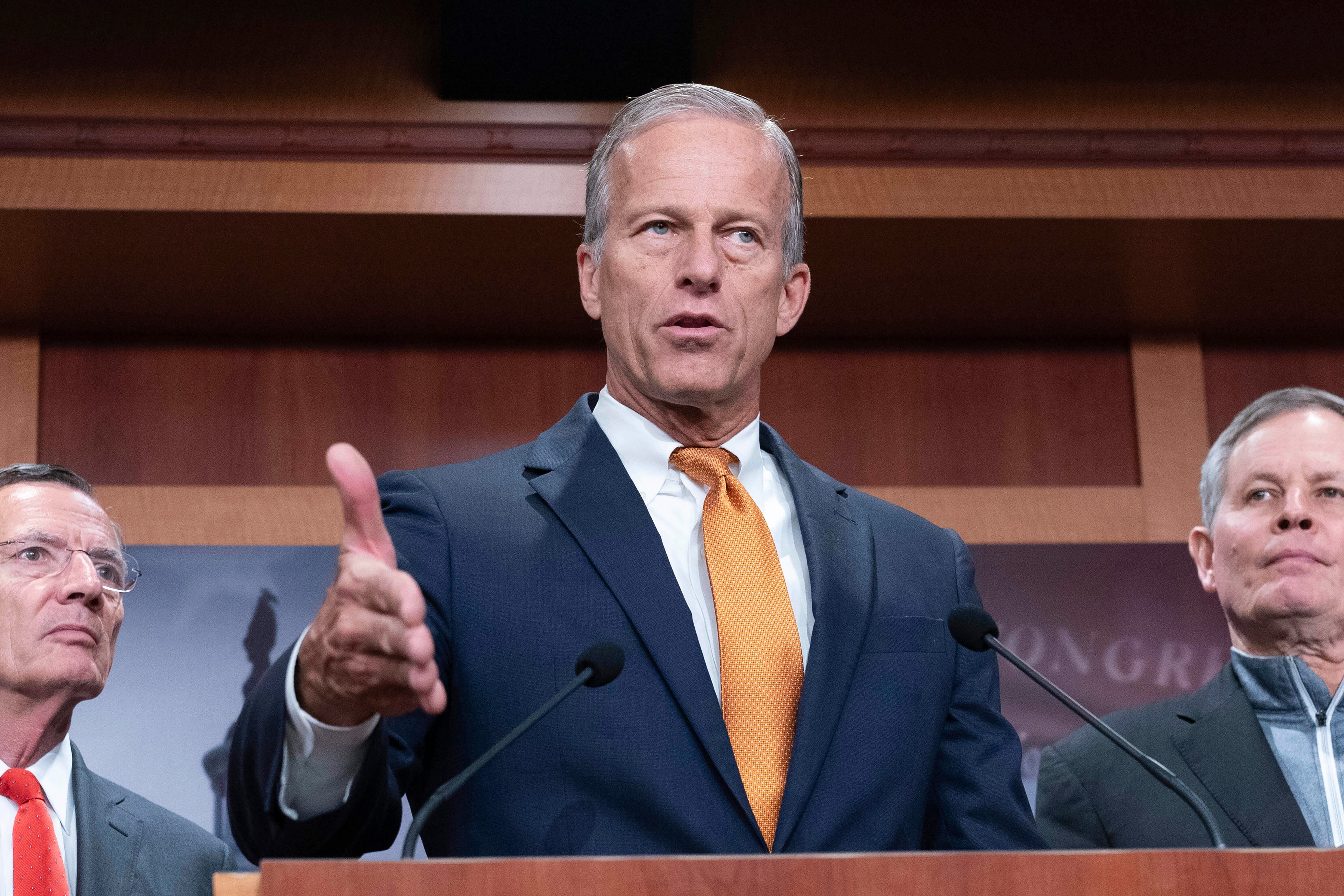 Senate Majority Leader John Thune, R-S.D., speaks during a news conference on Capitol Hill in Washington, Friday.