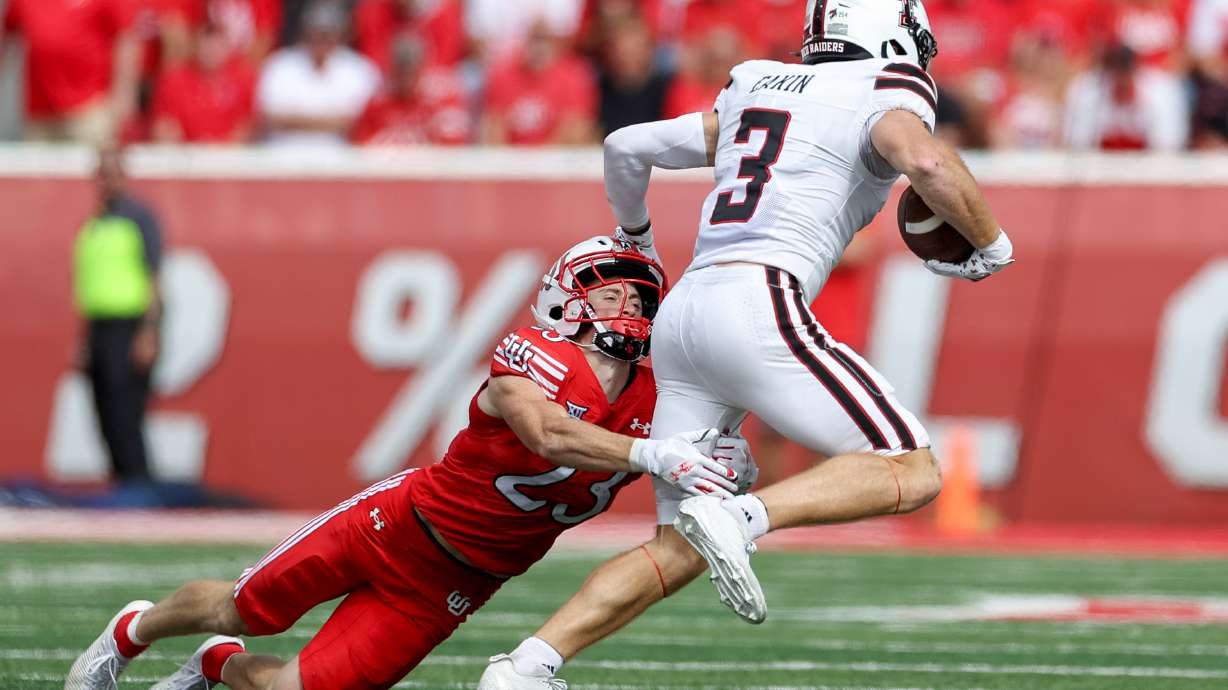 Utah Utes safety Jackson Bennee (23) tackles Texas Tech Red Raiders running back Adam Hill (23) during the second quarter of the game at Rice-Eccles Stadium in Salt Lake City on Saturday, Sept. 20, 2025.
