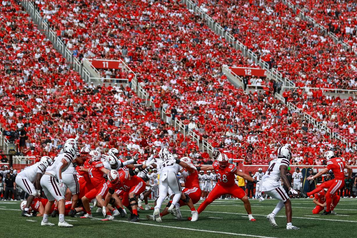 Utah Utes place kicker Dillon Curtis (17) kicks a field goal during the second quarter of the game against the Texas Tech Red Raiders at Rice-Eccles Stadium in Salt Lake City on Saturday, Sept. 20, 2025.