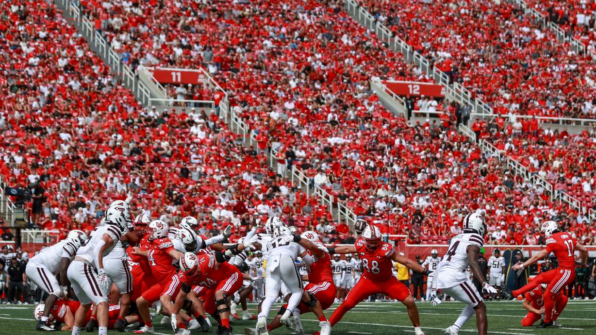 Utah Utes place kicker Dillon Curtis (17) kicks a field goal during the second quarter of the game against the Texas Tech Red Raiders at Rice-Eccles Stadium in Salt Lake City on Saturday, Sept. 20, 2025.