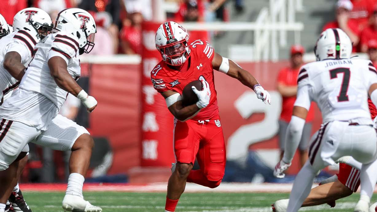 Utah Utes running back NaQuari Rogers (21) runs the ball against the Texas Tech Red Raiders during the second quarter of the game at Rice-Eccles Stadium in Salt Lake City on Saturday, Sept. 20, 2025.