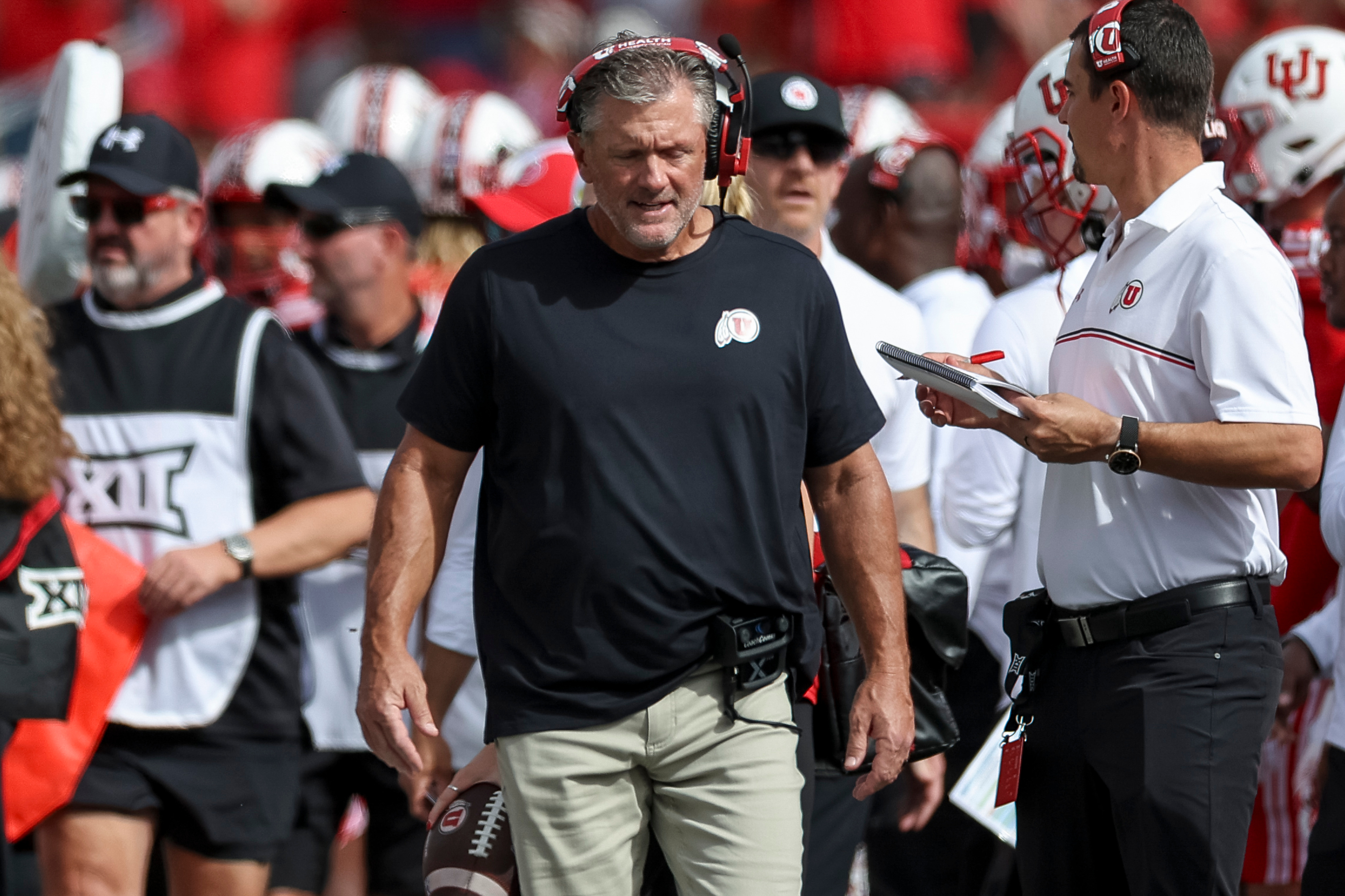 Utah Utes head coach Kyle Whittingham looks on during the first half of the game against the Texas Tech Red Raiders at Rice-Eccles Stadium in Salt Lake City on Saturday, Sept. 20, 2025.