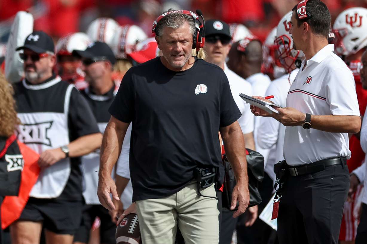 Utah Utes head coach Kyle Whittingham looks on during the first half of the game against the Texas Tech Red Raiders at Rice-Eccles Stadium in Salt Lake City on Saturday, Sept. 20, 2025.