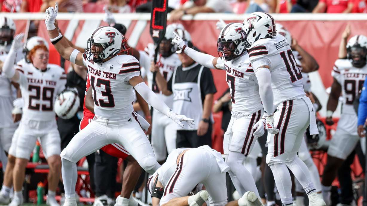 The Texas Tech Red Raiders defense reacts after a turnover during the first quarter of the game against the Utah Utes at Rice-Eccles Stadium in Salt Lake City on Saturday, Sept. 20, 2025.