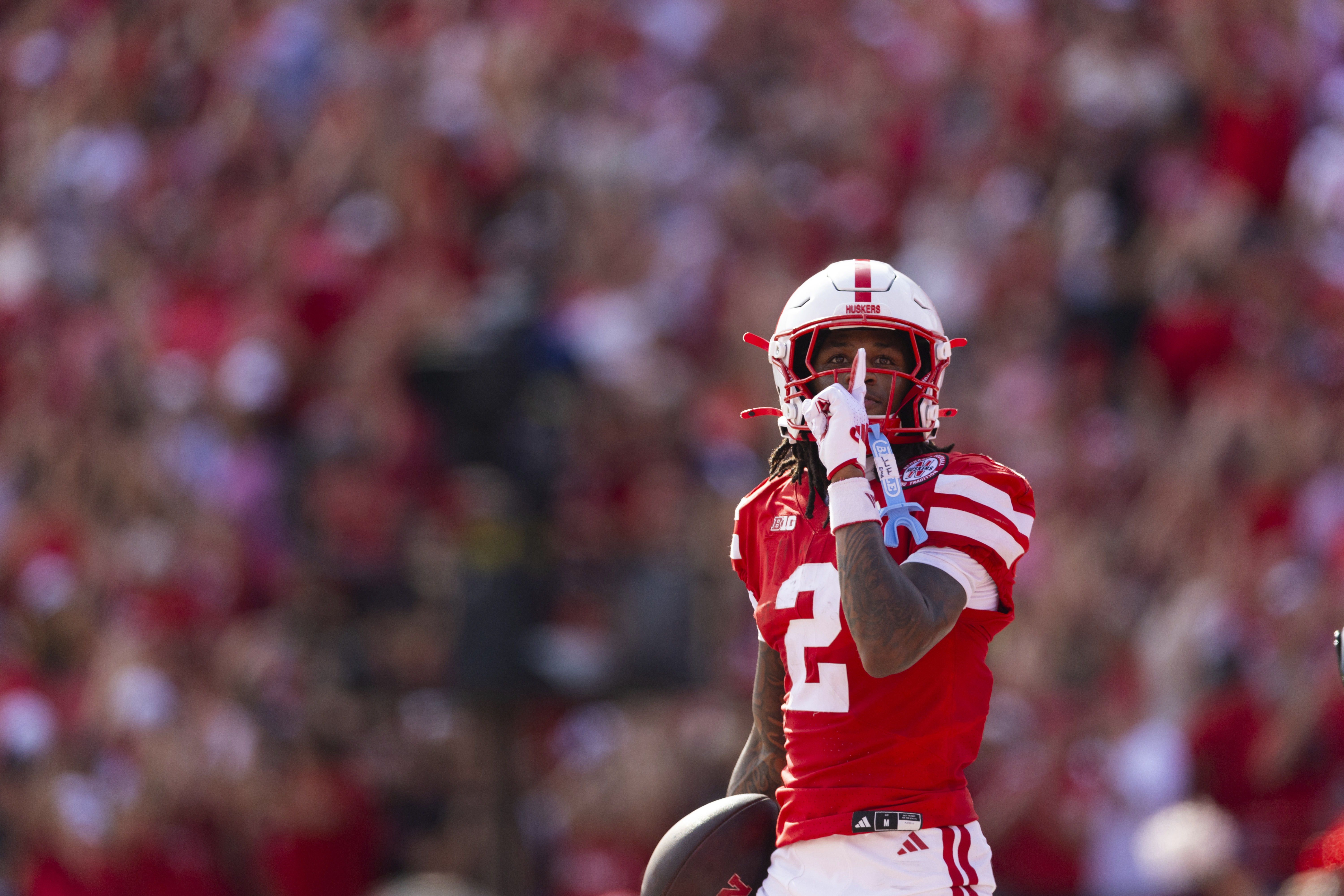 Nebraska wide receiver Jacory Barney Jr. (2) celebrates his touchdown against Michigan during the first half of an NCAA college football game Saturday, Sept. 20, 2025, in Lincoln, Neb. 