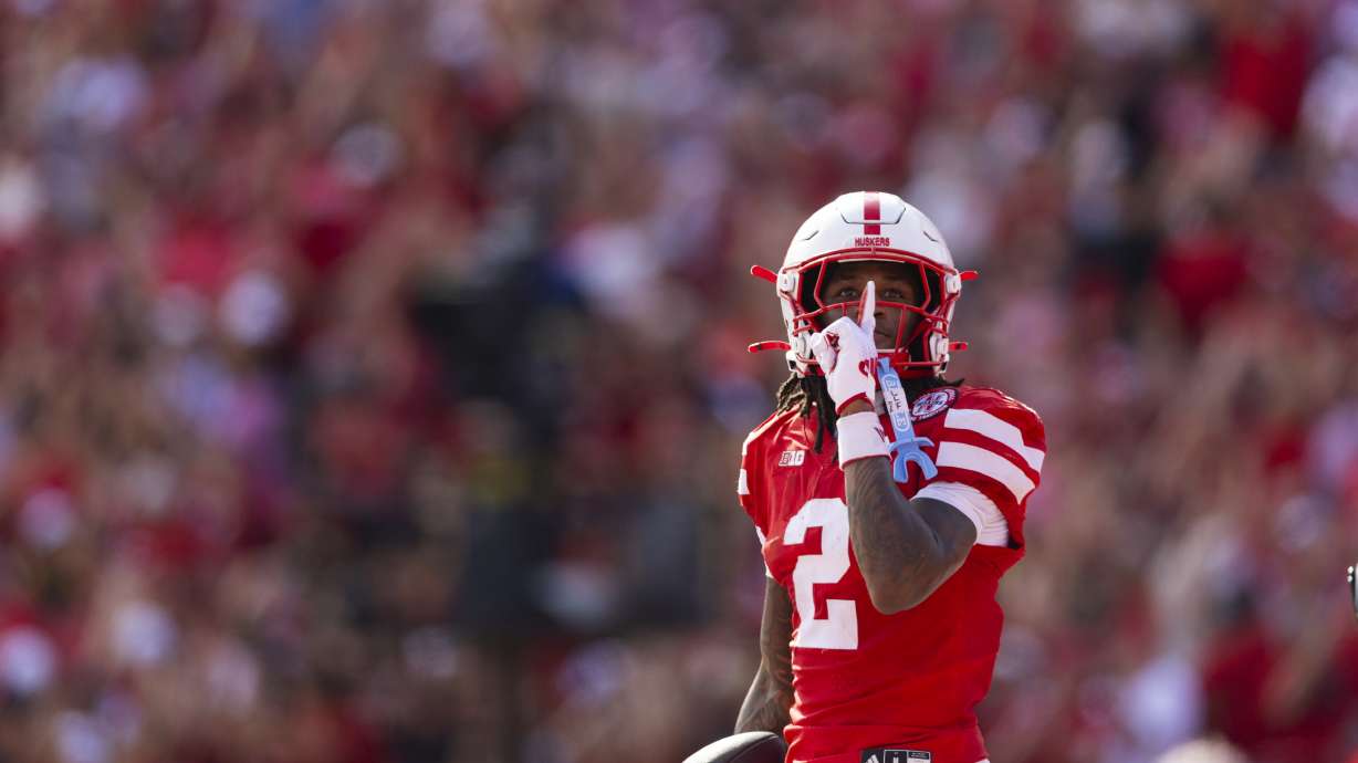 Nebraska wide receiver Jacory Barney Jr. (2) celebrates his touchdown against Michigan during the first half of an NCAA college football game Saturday, Sept. 20, 2025, in Lincoln, Neb.
