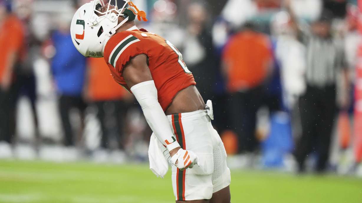 Miami defensive back Jakobe Thomas reacts after sacking Florida quarterback DJ Lagway during the first half of an NCAA college football game, Saturday, Sept. 20, 2025, in Miami Gardens, Fla.