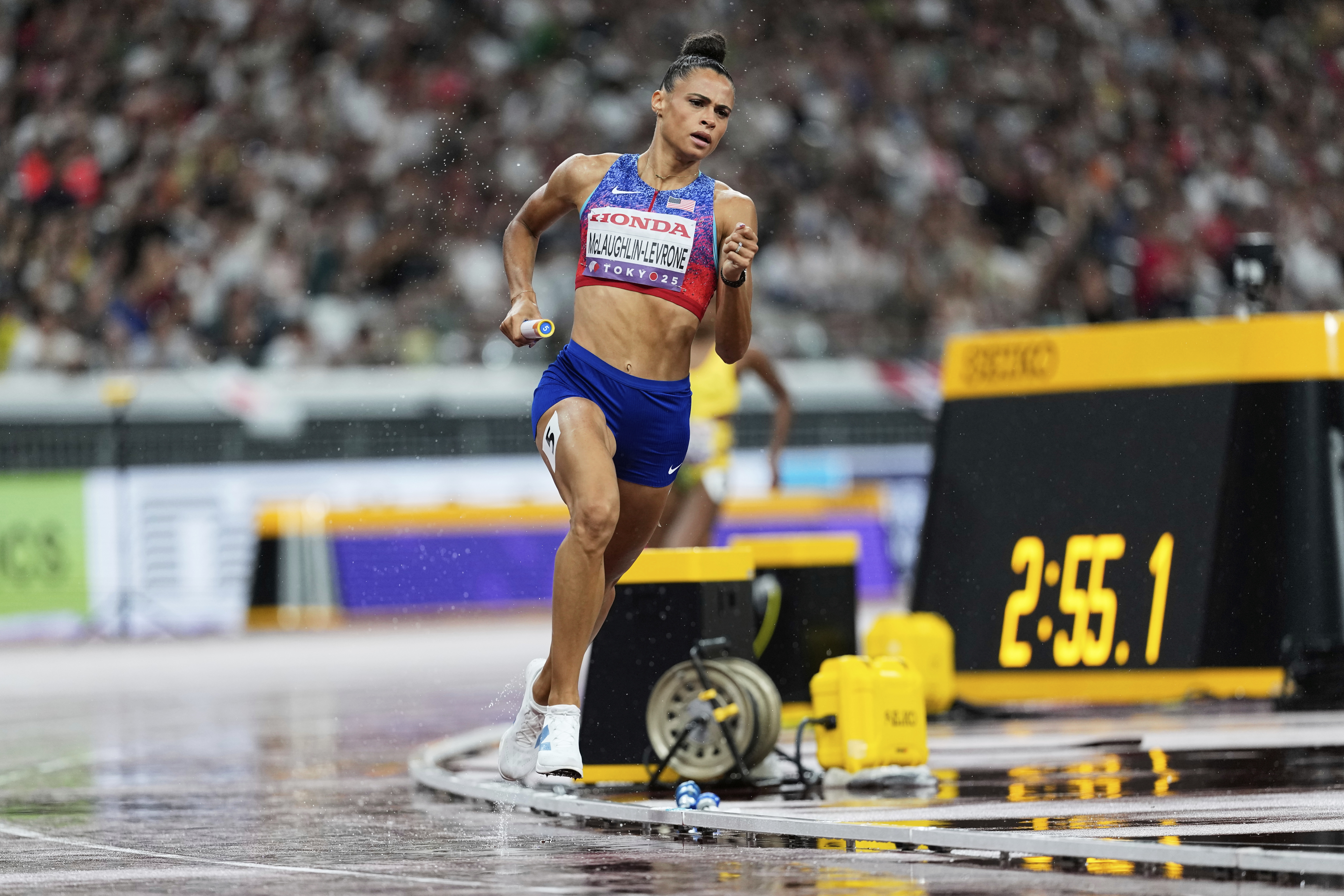 United States' Sydney McLaughlin-Levrone competes in the women's 4 X 400 meters relay at the World Athletics Championships in Tokyo, Sunday, Sept. 21, 2025. 