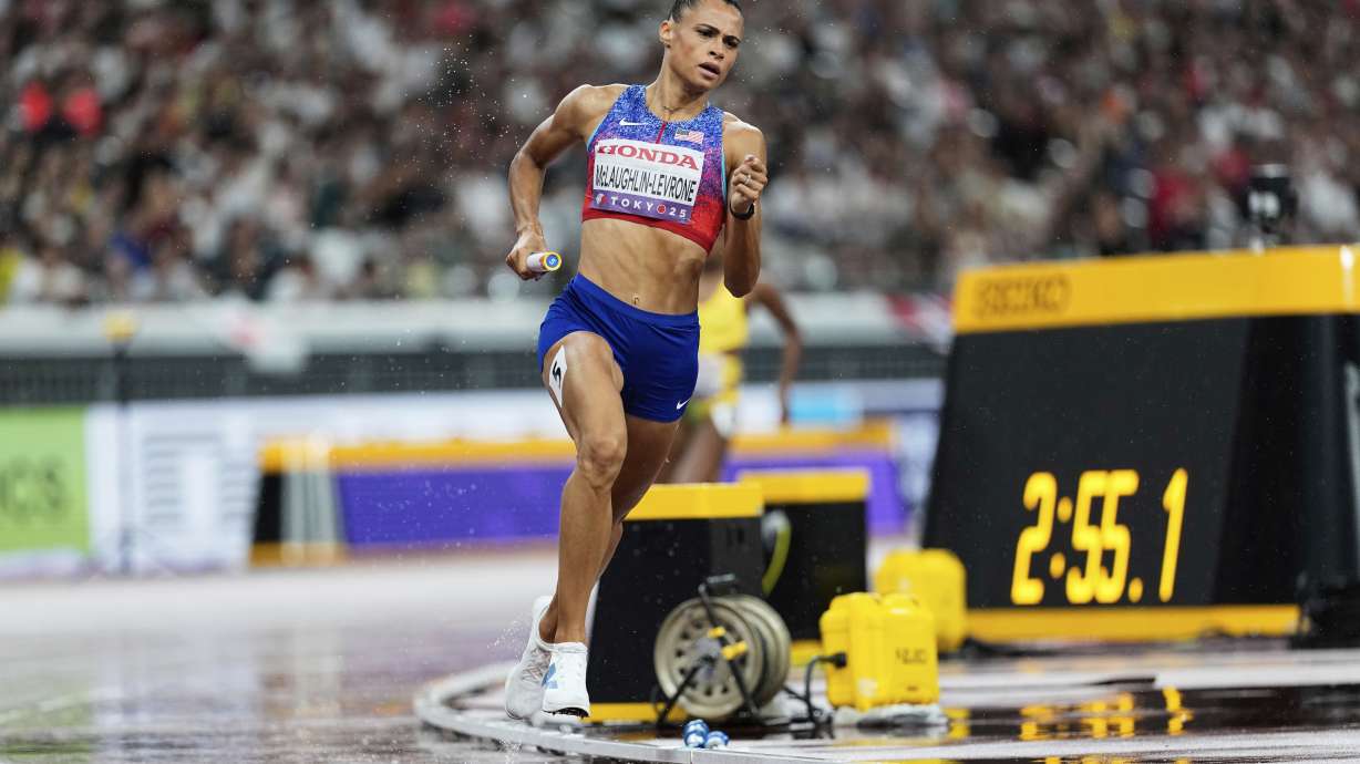 United States' Sydney McLaughlin-Levrone competes in the women's 4 X 400 meters relay at the World Athletics Championships in Tokyo, Sunday, Sept. 21, 2025.