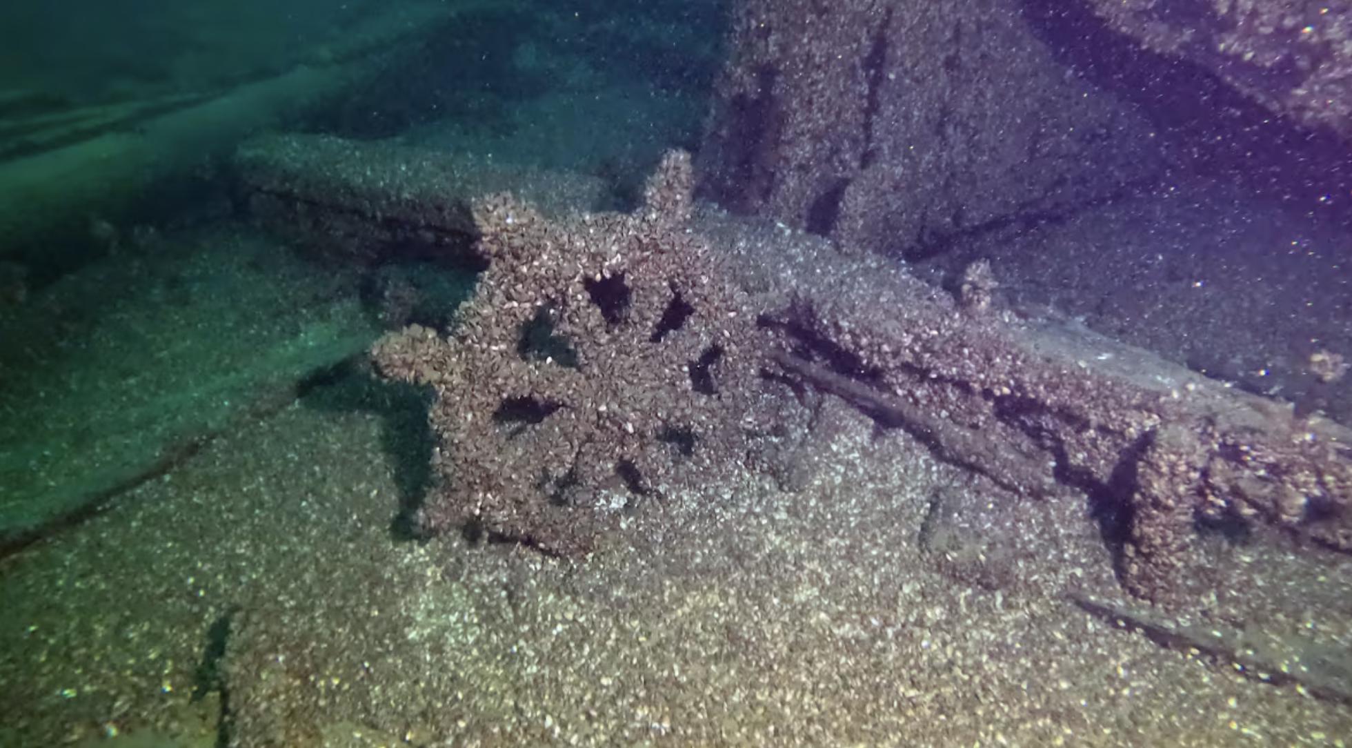 The F.J. King's wheel sits on the bottom of Lake Michigan just off the ship's stern.