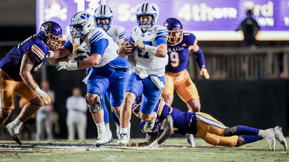 BYU quarterback Bear Bachmeier runs for a big game during the Cougars' 34-13 win over East Carolina, Saturday, Sept. 20, 2025 in Greenville, North Carolina.