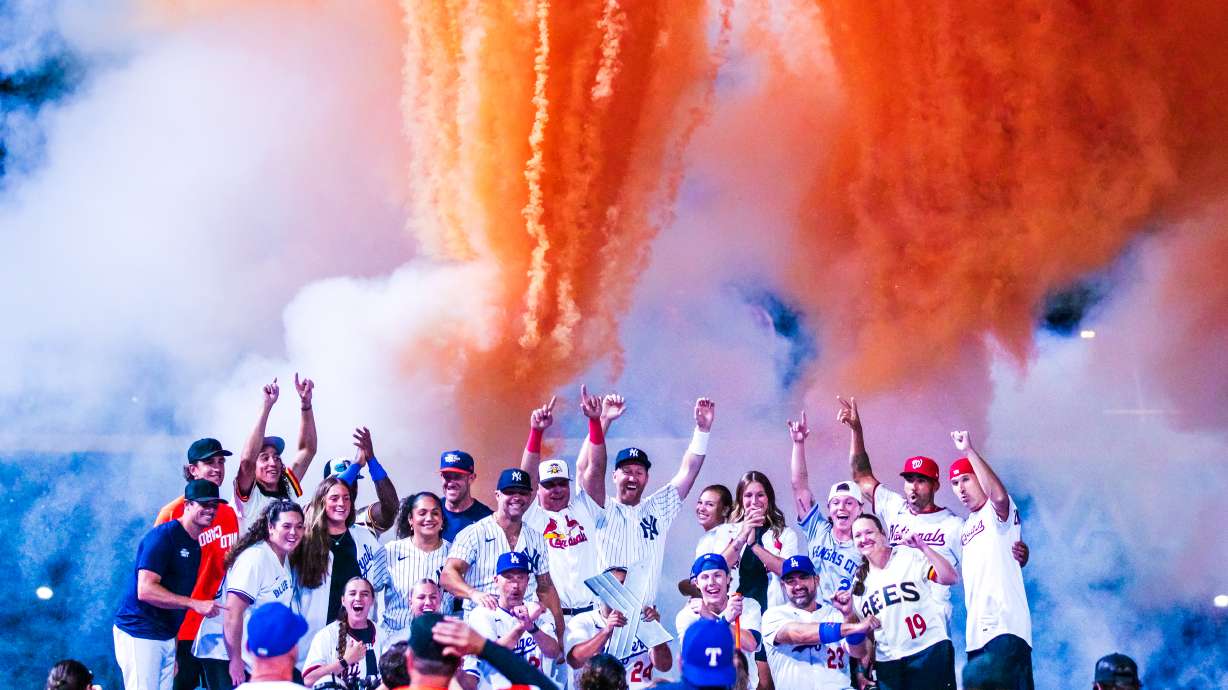 MLB Home Run Derby X competitors pose for a photo after the season finale at The Ballpark at America First Square in South Jordan on Saturday. The event brought major league teams to Utah, while the state vies for an MLB franchise.
