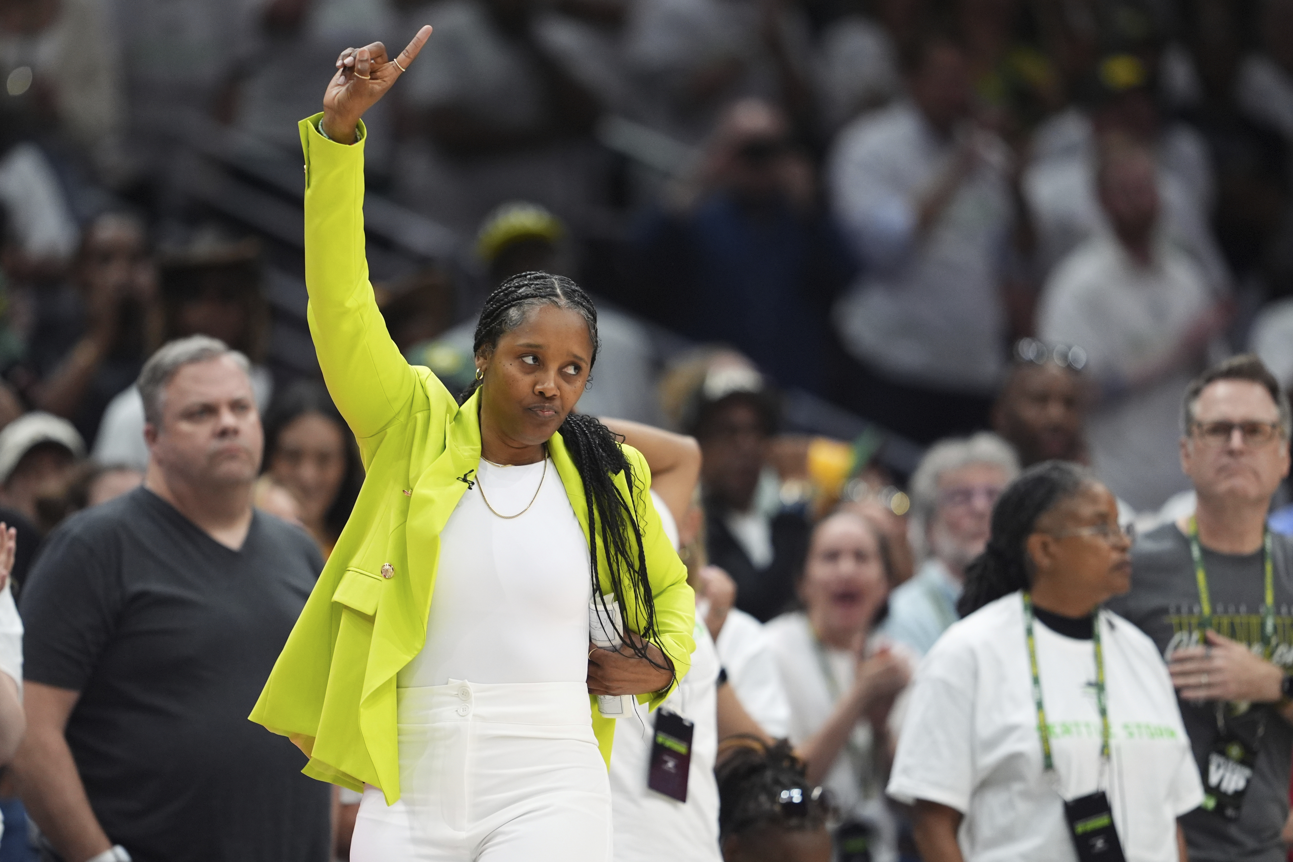 Seattle Storm head coach Noelle Quinn reacts on the sideline during the second half of Game 2 against the Las Vegas Aces in the first round of the WNBA basketball playoffs Tuesday, Sept. 16, 2025, in Seattle. 