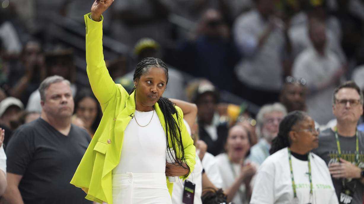 Seattle Storm head coach Noelle Quinn reacts on the sideline during the second half of Game 2 against the Las Vegas Aces in the first round of the WNBA basketball playoffs Tuesday, Sept. 16, 2025, in Seattle.