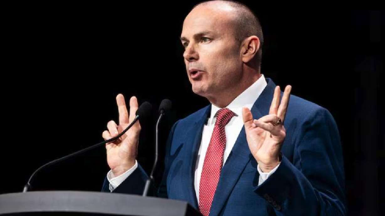 Sen. Mike Lee, R-Utah, speaks during the Utah Republican Party’s state organizing convention at the UCCU Center in Orem on May 17. Lee started his "Based Mike Lee" account on X at the urging of conservative influencers.