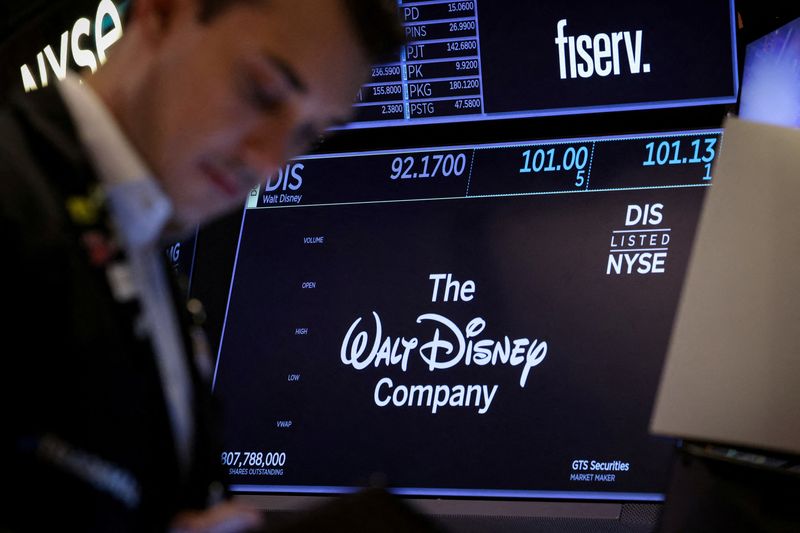 A screen displays trading information for Walt Disney at the New York Stock Exchange in New York City, May 7.