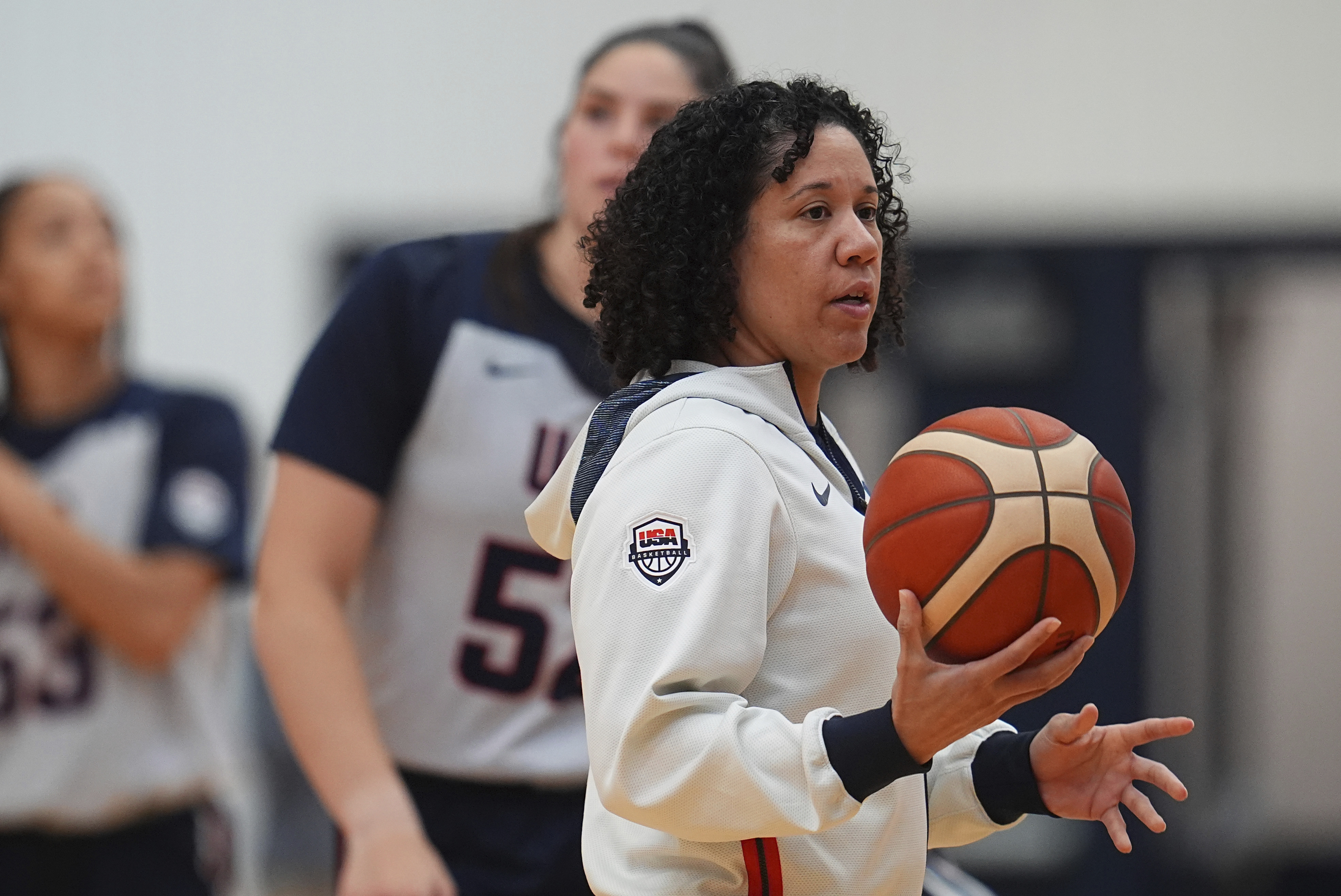 FILE - Head coach Kara Lawson directs players during a USA Basketball women's Americup Trials practice on June 18, 2025, at the USA Olympic training center in Colorado Springs, Colo.
