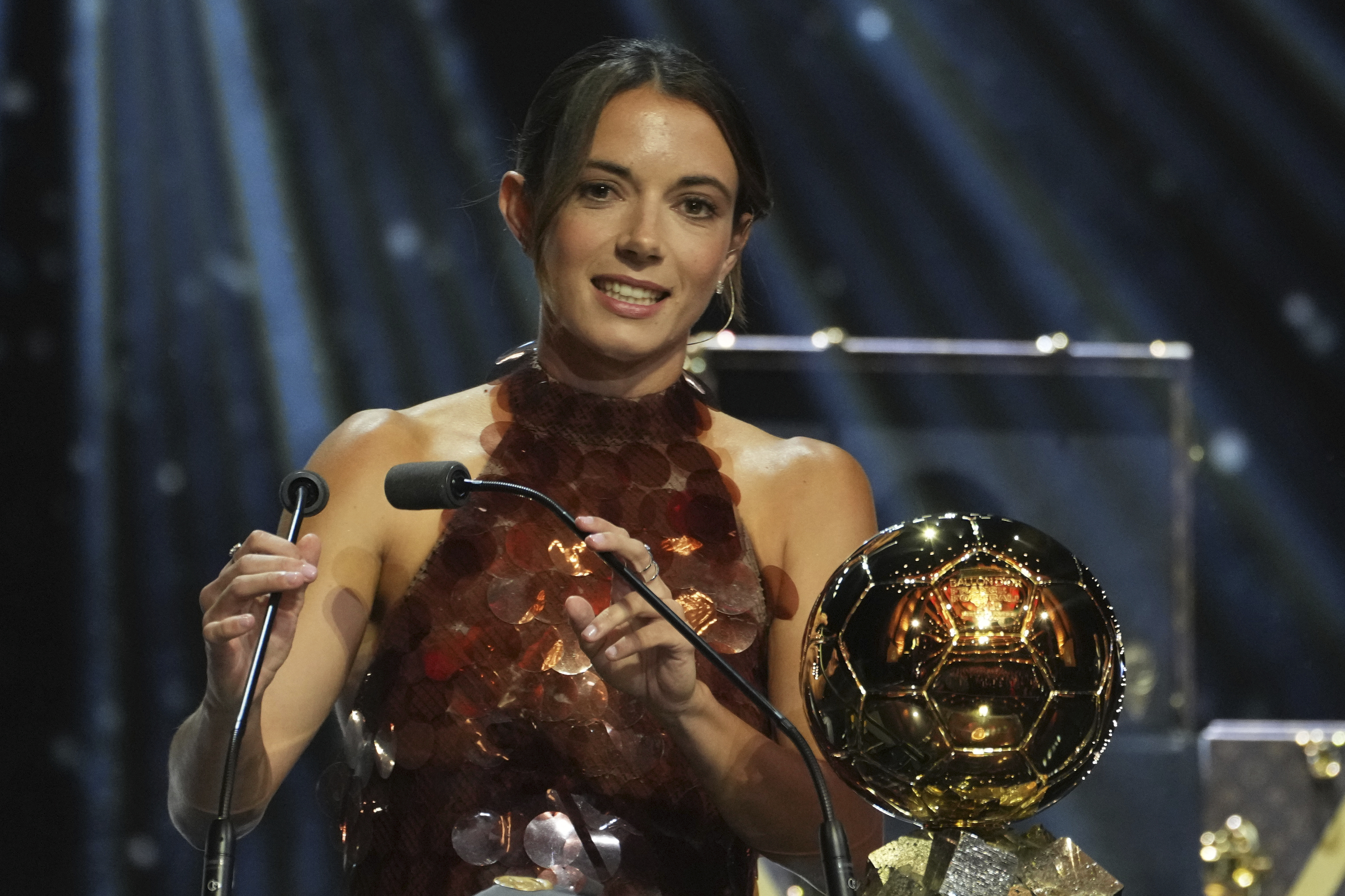 Barcelona's Aitana Bonmatí receives the 2025 Women's Ballon d'Or during the 69th Ballon d'Or awards ceremony at the Theatre du Chatelet in Paris, Monday, Sept. 22, 2025. 