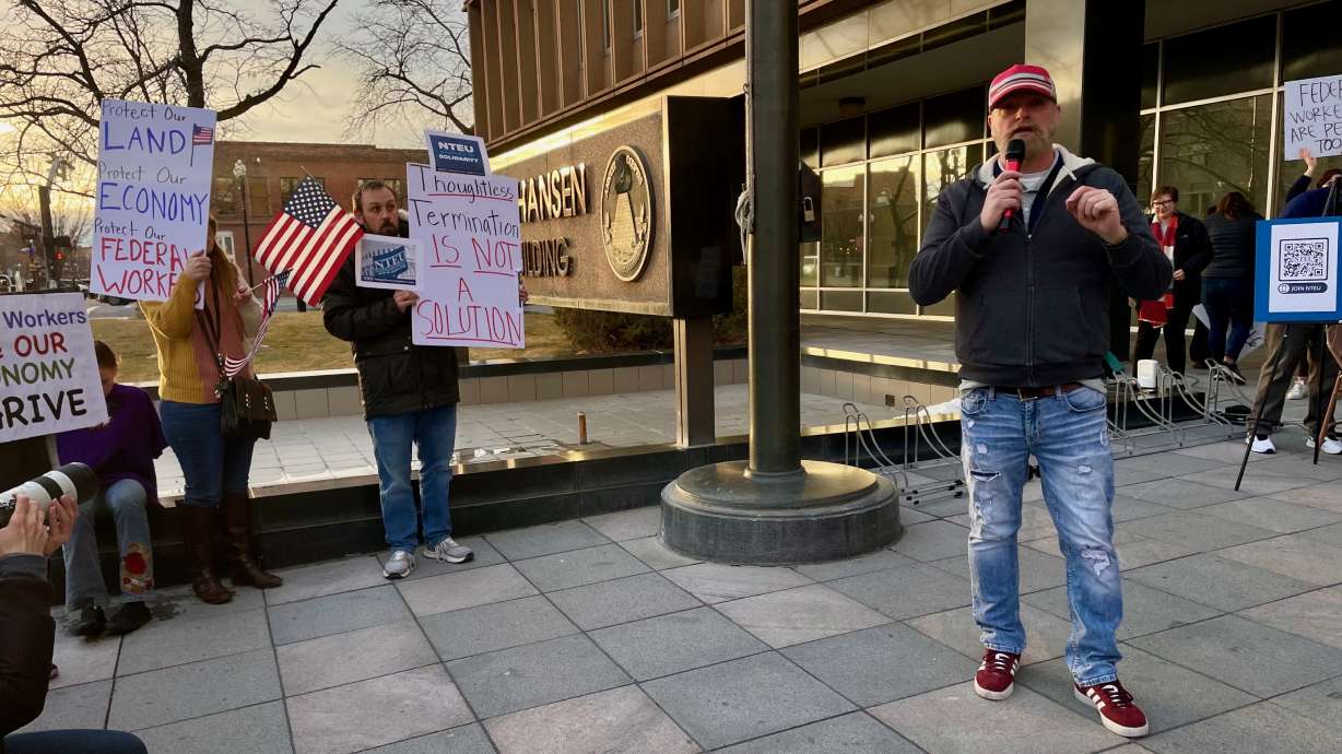 The IRS will hold a job fair on Tuesday and Wednesday in Ogden to hire 300-plus workers. Robert Lawrence, president of the local chapter of the National Treasury Employees Union, is seen speaking at a Feb. 19 demonstration in Ogden by IRS workers.