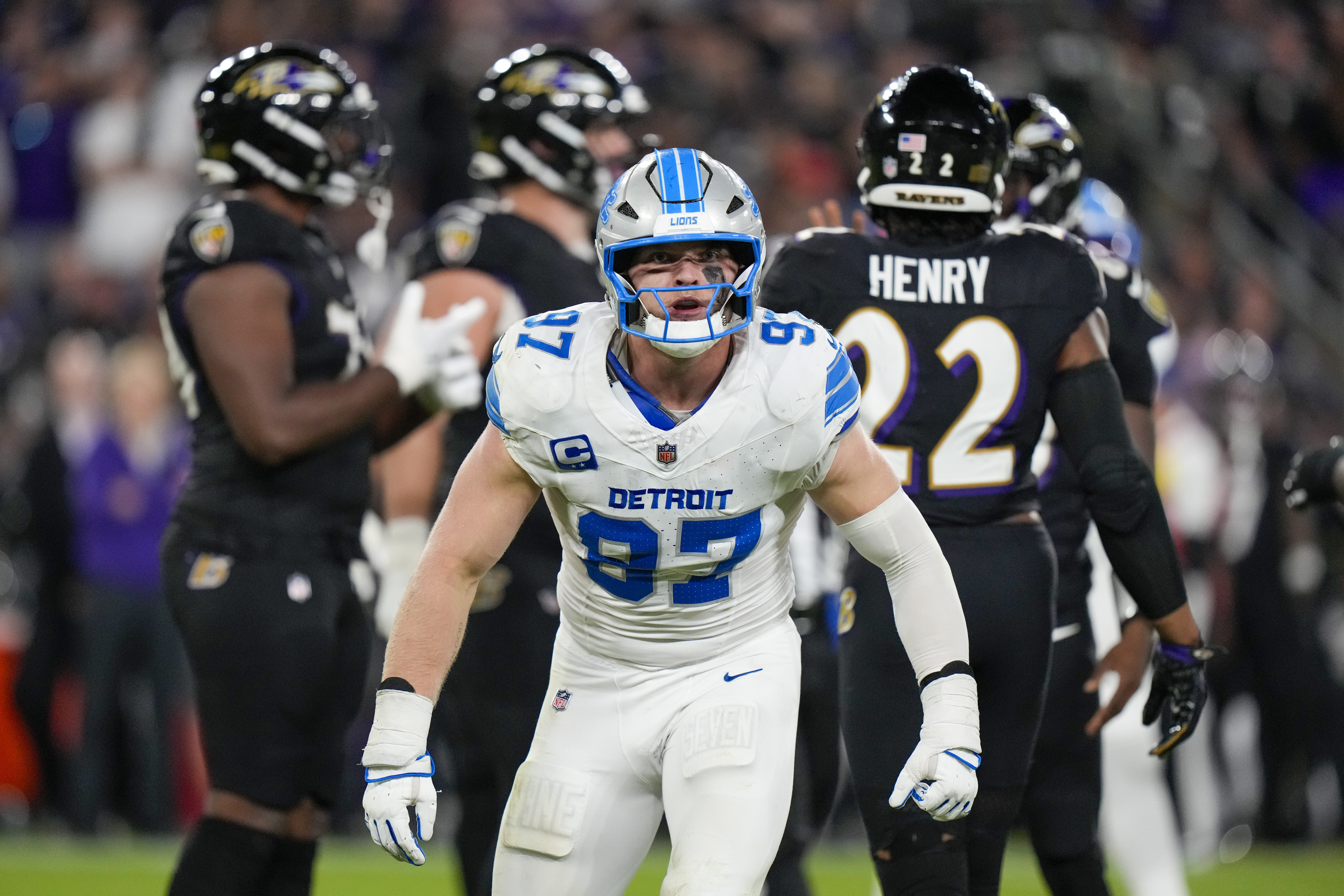 Detroit Lions defensive end Aidan Hutchinson reacts after sacking Baltimore Ravens quarterback Lamar Jackson during the second half of an NFL football game Monday, Sept. 22, 2025, in Baltimore.