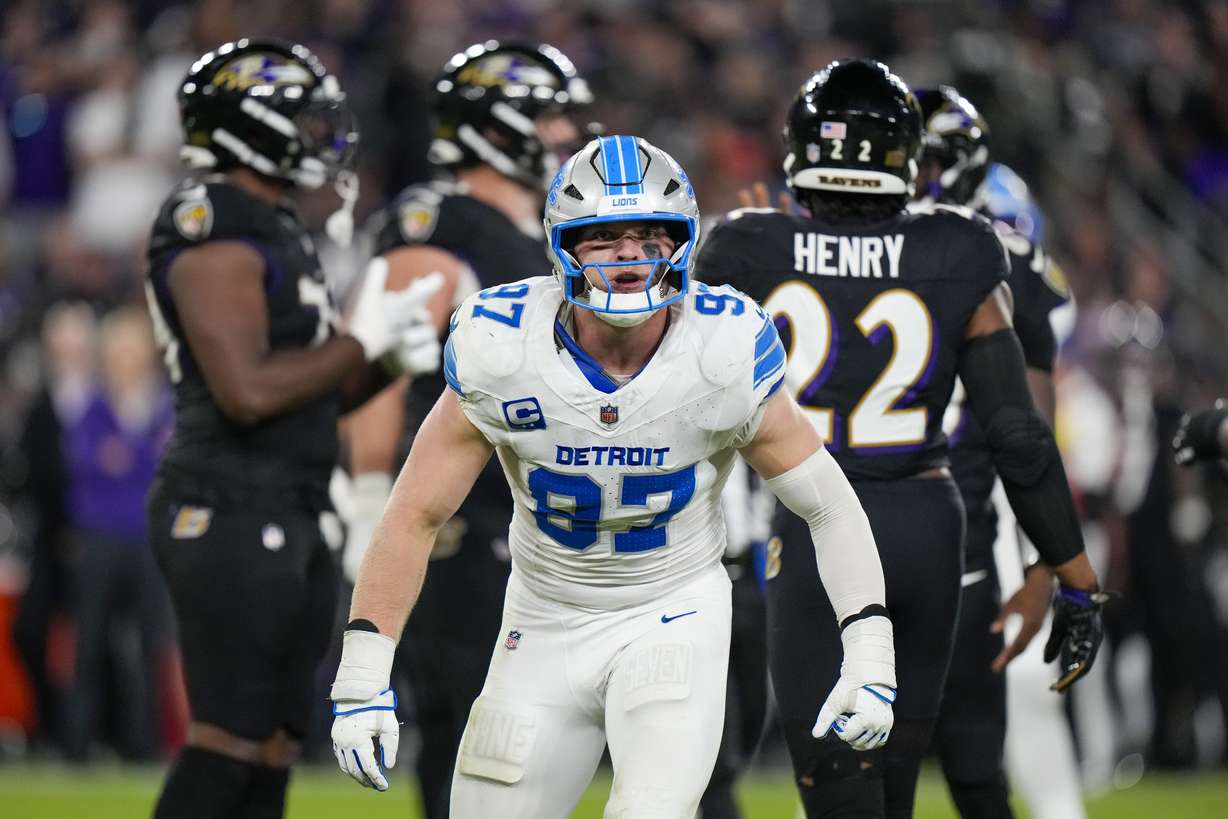Detroit Lions defensive end Aidan Hutchinson reacts after sacking Baltimore Ravens quarterback Lamar Jackson during the second half of an NFL football game Monday, Sept. 22, 2025, in Baltimore.