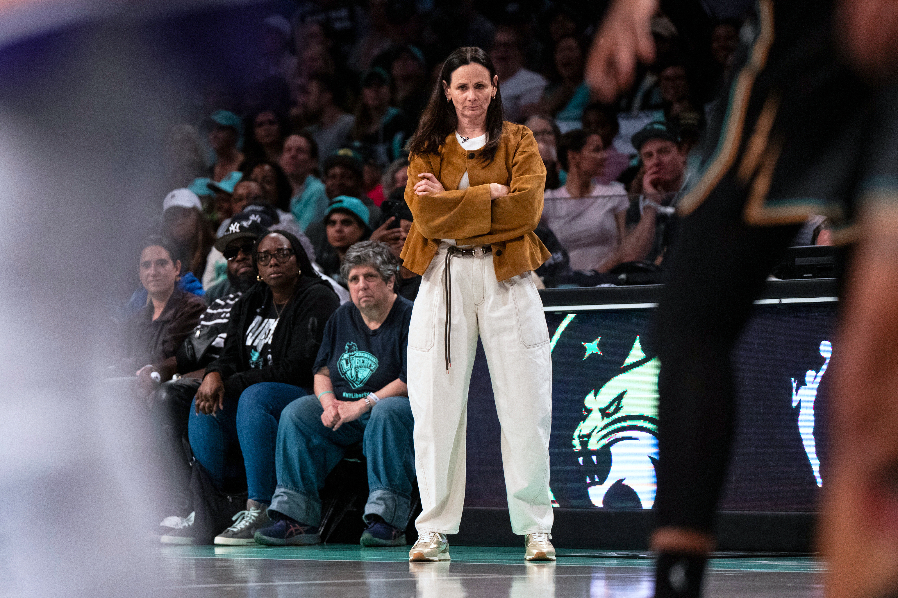 New York Liberty coach Sandy Brondello watches the first half of Game 2 in the first round of the WNBA basketball playoffs against the Phoenix Mercury, Wednesday, Sept. 17, 2025, in New York.