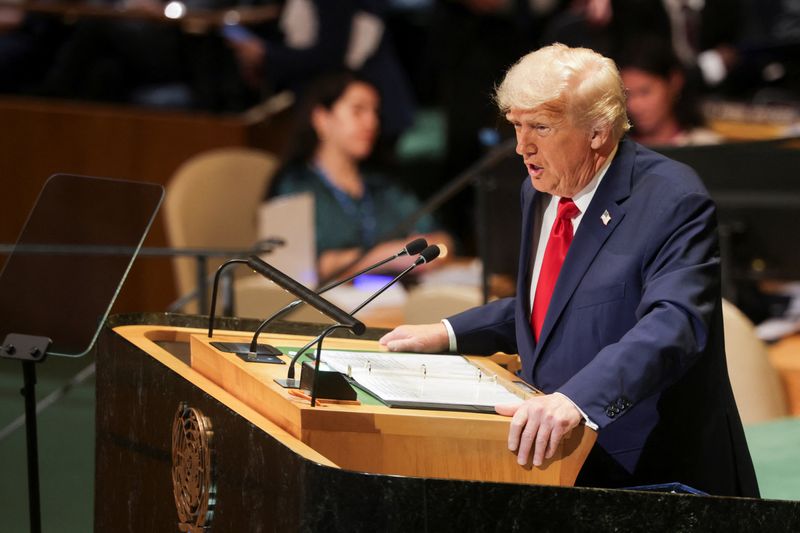 President Donald Trump speaks during the 80th United Nations General Assembly in New York City, Tuesday. Trump delivered a combative, wide-ranging speech to the assembly that leveled scathing criticism at world leaders.