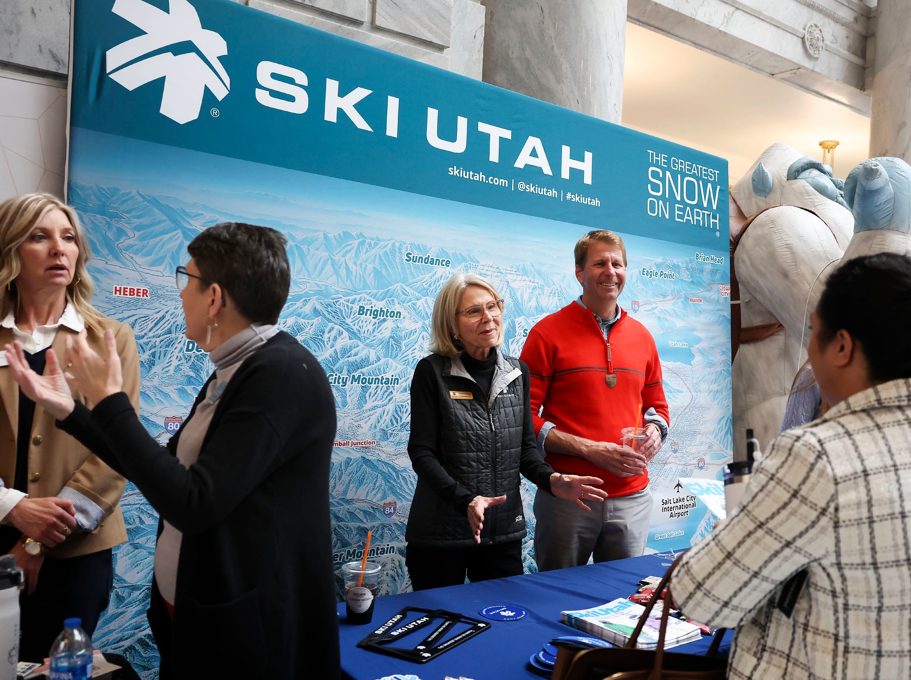 Raelene Davis and Tim Hendrickson of Ski Utah attend the annual Tourism Day on the Hill at the Capitol in Salt Lake City on Feb. 9, 2024. Davis was named to the U.S. National Ski & Snowboard Hall of Fame class of 2025 on Tuesday.