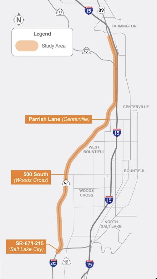 The Legacy Parkway is in line for a $65 million upgrade to address growing traffic, according to the Utah Department of Transportation. The map shows the section, in orange, that would be widened from two to three lanes each way.