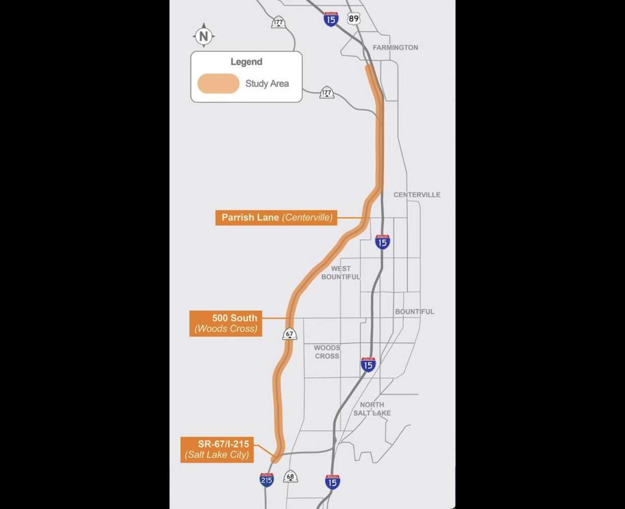 The Legacy Parkway is in line for a $65 million upgrade to address growing traffic, according to the Utah Department of Transportation. The map shows the section, in orange, that would be widened from two to three lanes each way.